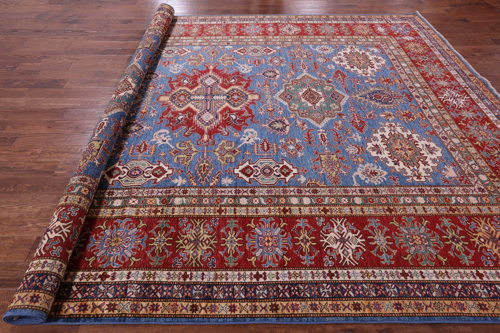 Blue Super Kazak Hand Knotted Wool Rug - 9' 11" X 13' 9" - Golden Nile