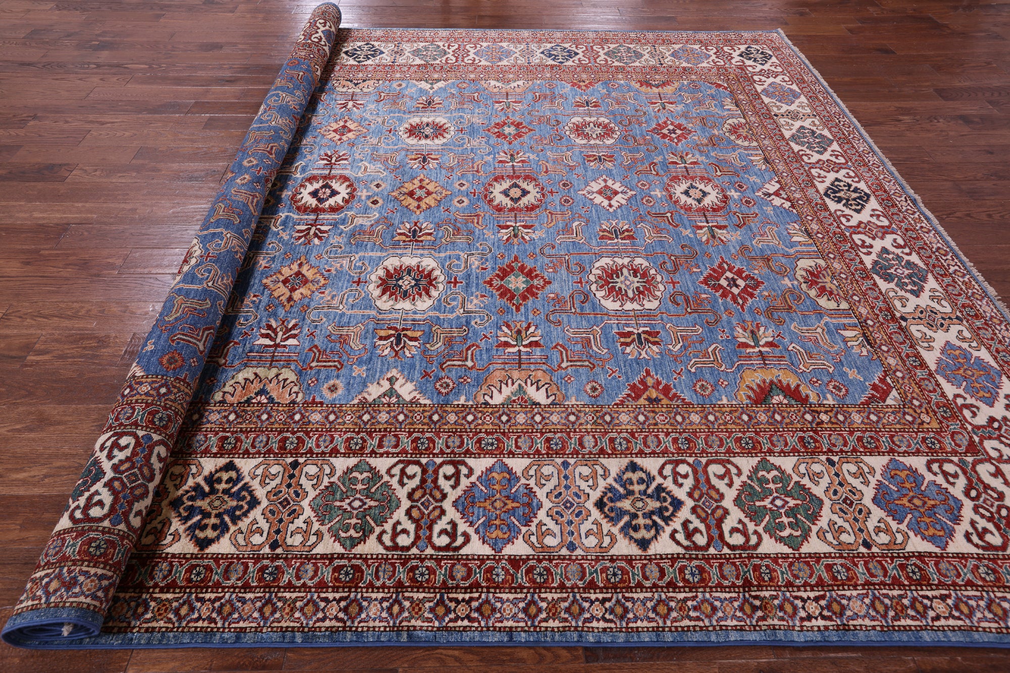Blue Super Kazak Hand Knotted Wool Rug - 10' 0" X 13' 8" - Golden Nile