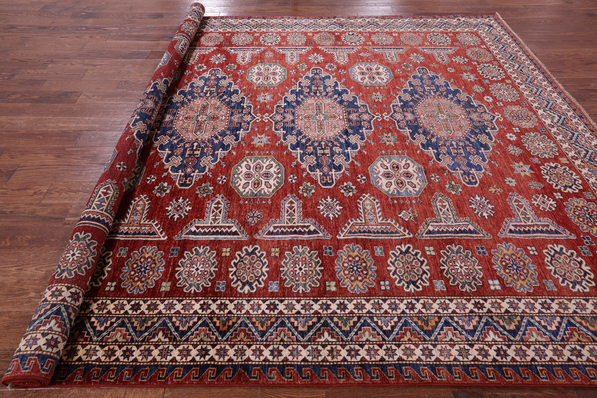 Red Super Kazak Hand Knotted Wool Rug - 8' 10" X 11' 5" - Golden Nile