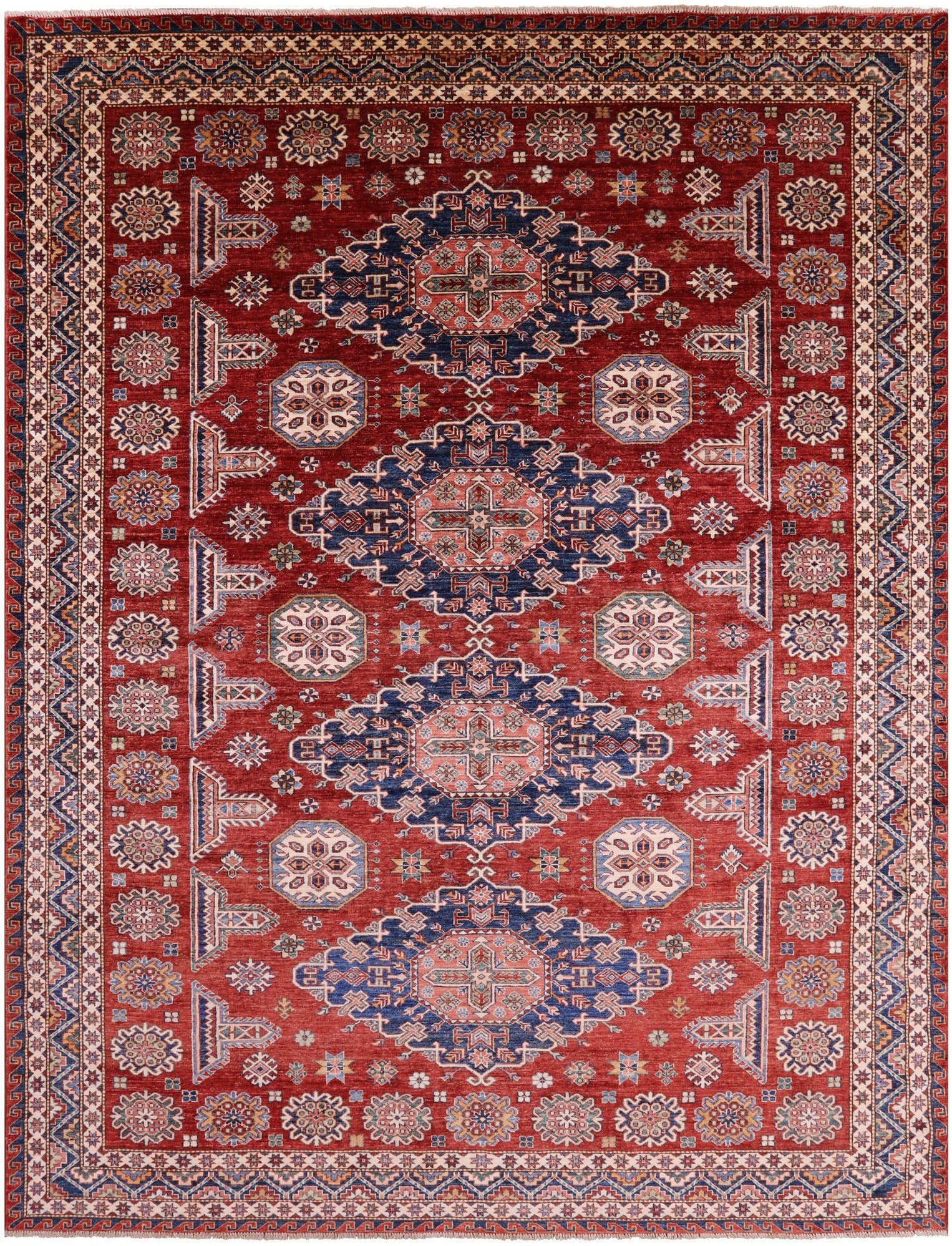 Red Super Kazak Hand Knotted Wool Rug - 8' 10" X 11' 5" - Golden Nile