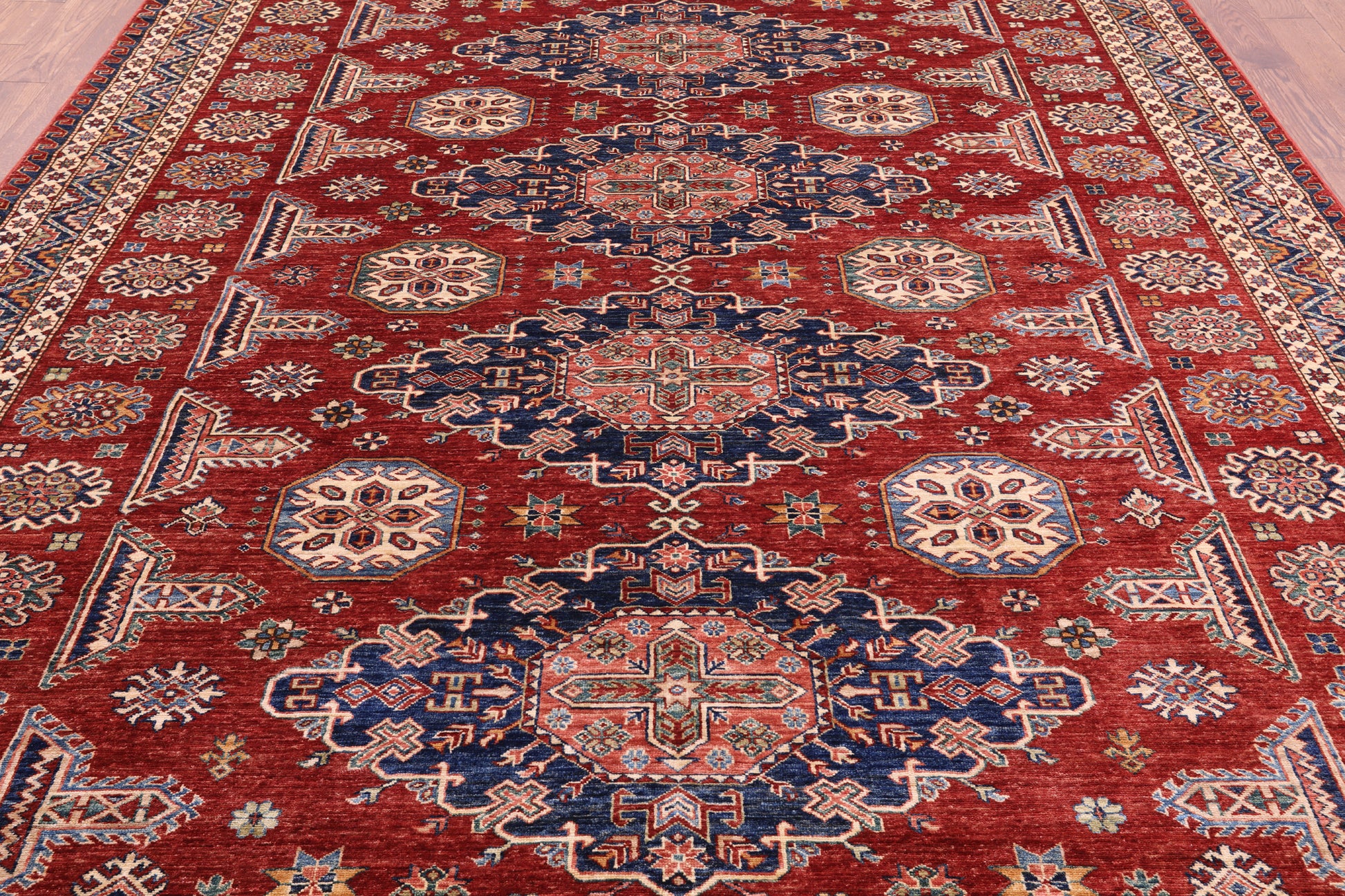 Red Super Kazak Hand Knotted Wool Rug - 8' 10" X 11' 5" - Golden Nile