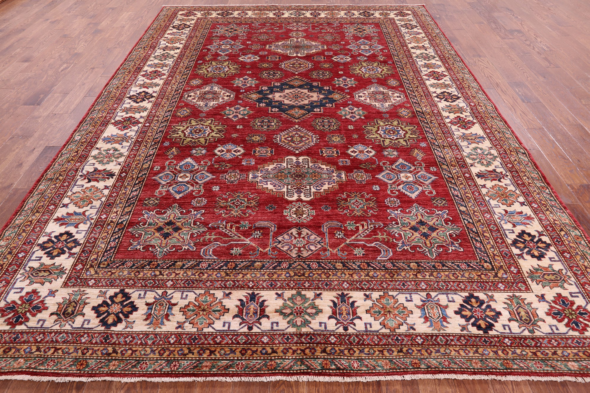 Red Super Kazak Hand Knotted Wool Rug - 9' 0" X 11' 11" - Golden Nile