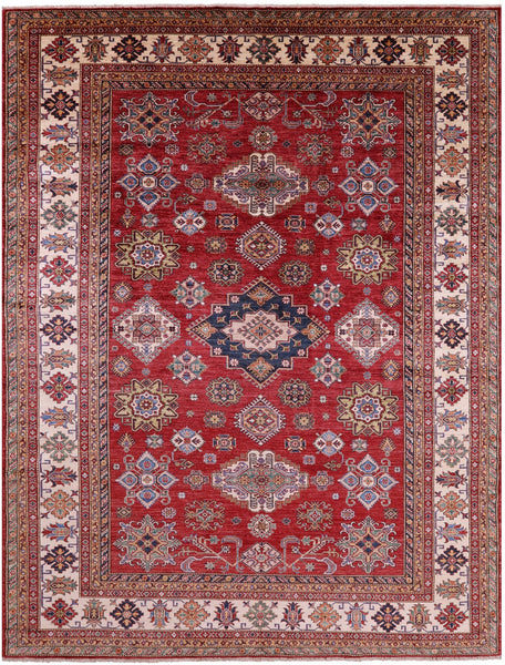 Red Super Kazak Hand Knotted Wool Rug - 9' 0" X 11' 11" - Golden Nile