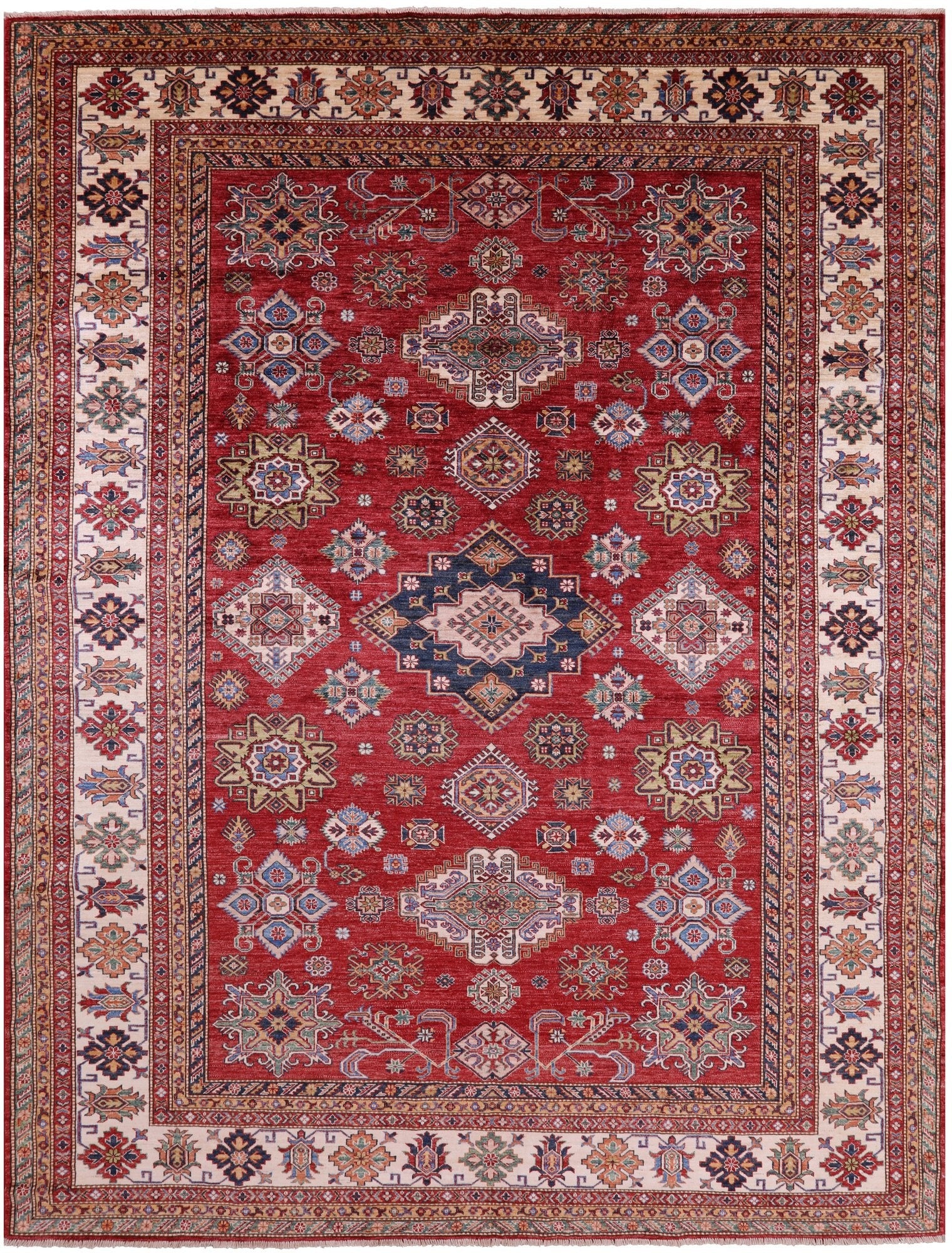 Red Super Kazak Hand Knotted Wool Rug - 9' 0" X 11' 11" - Golden Nile