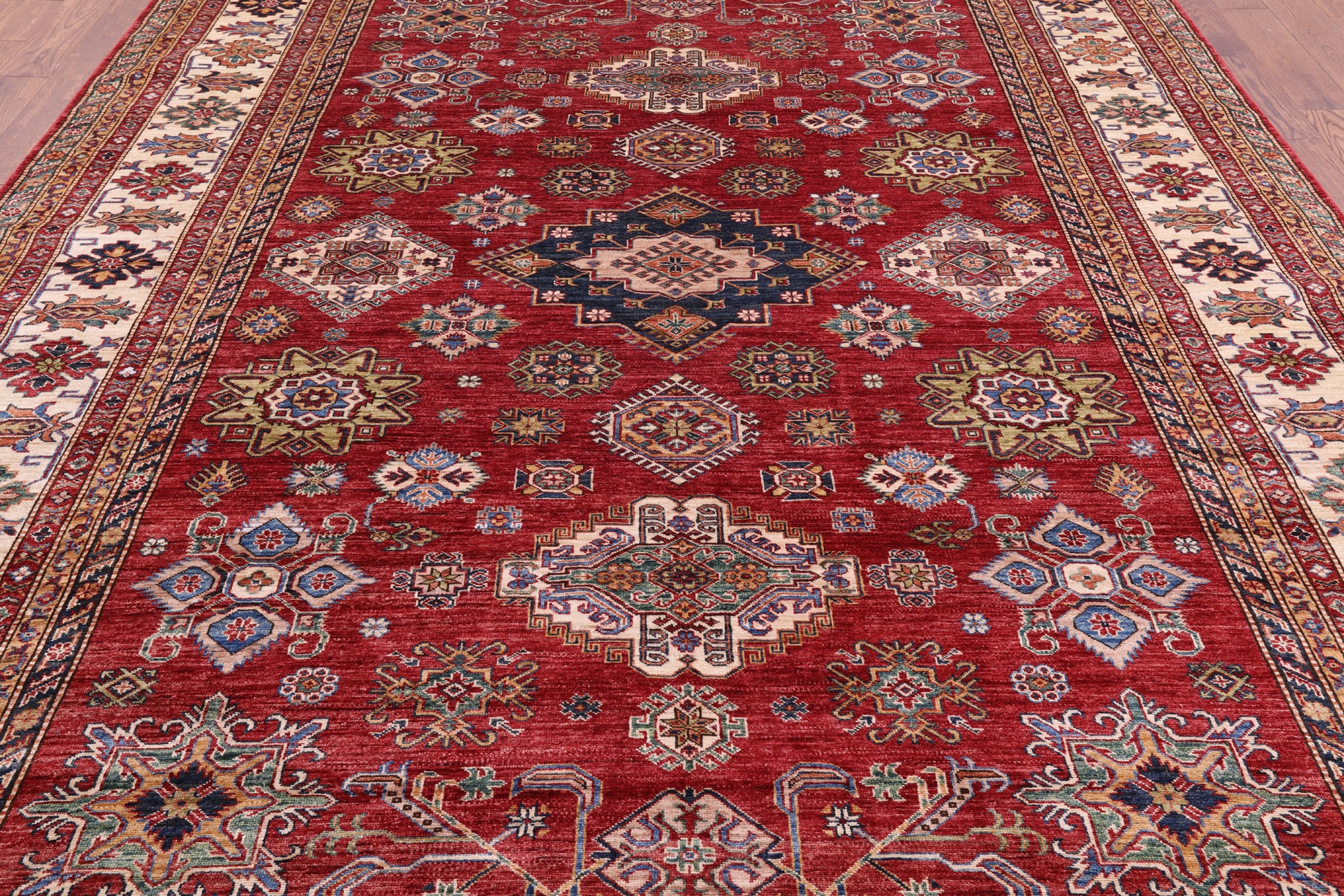 Red Super Kazak Hand Knotted Wool Rug - 9' 0" X 11' 11" - Golden Nile