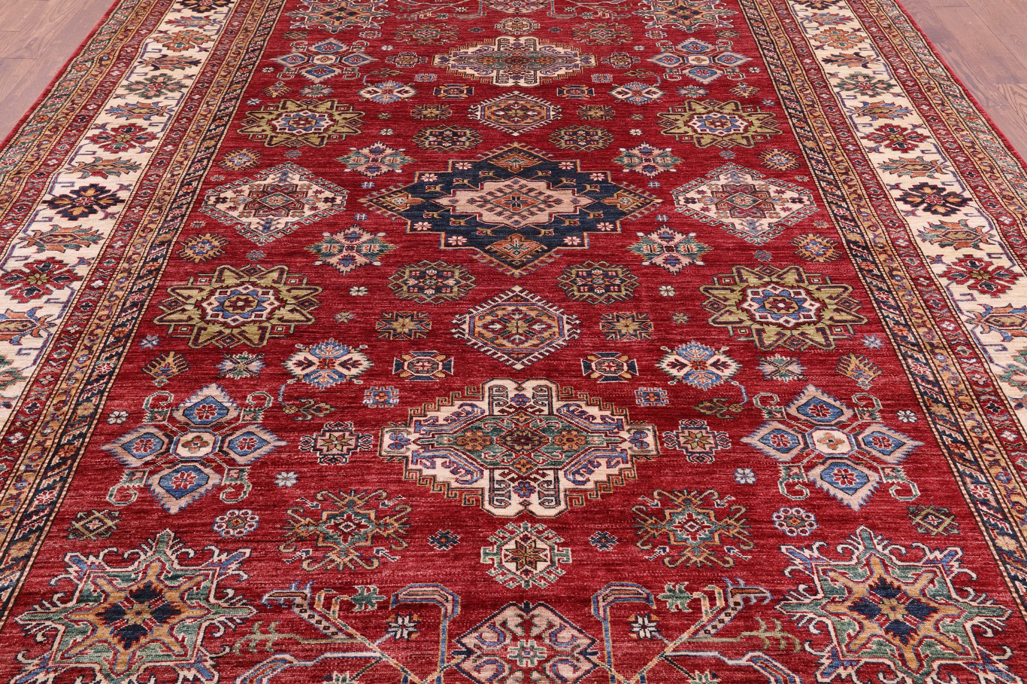 Red Super Kazak Hand Knotted Wool Rug - 9' 0" X 11' 11" - Golden Nile