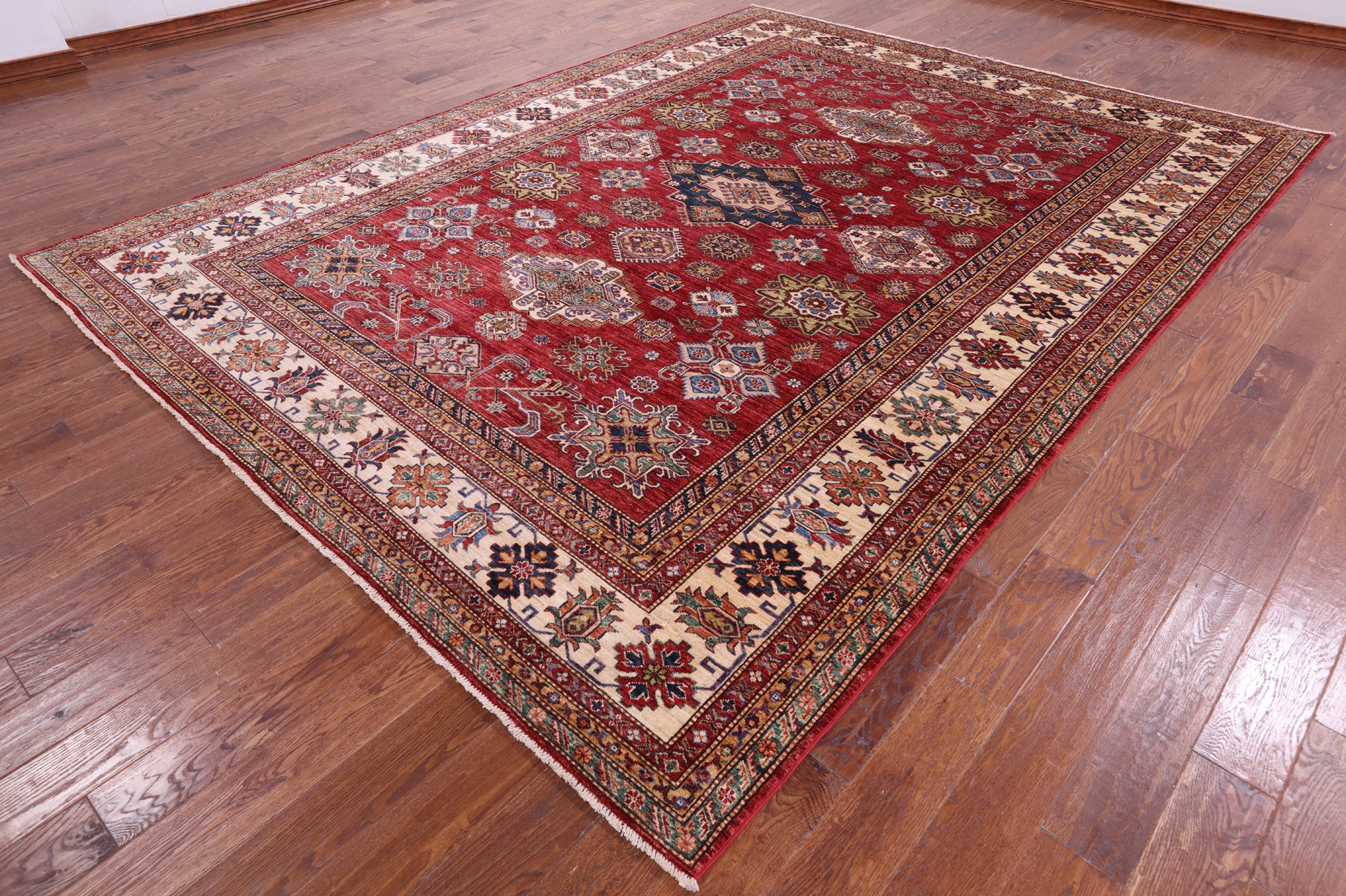 Red Super Kazak Hand Knotted Wool Rug - 9' 0" X 11' 11" - Golden Nile