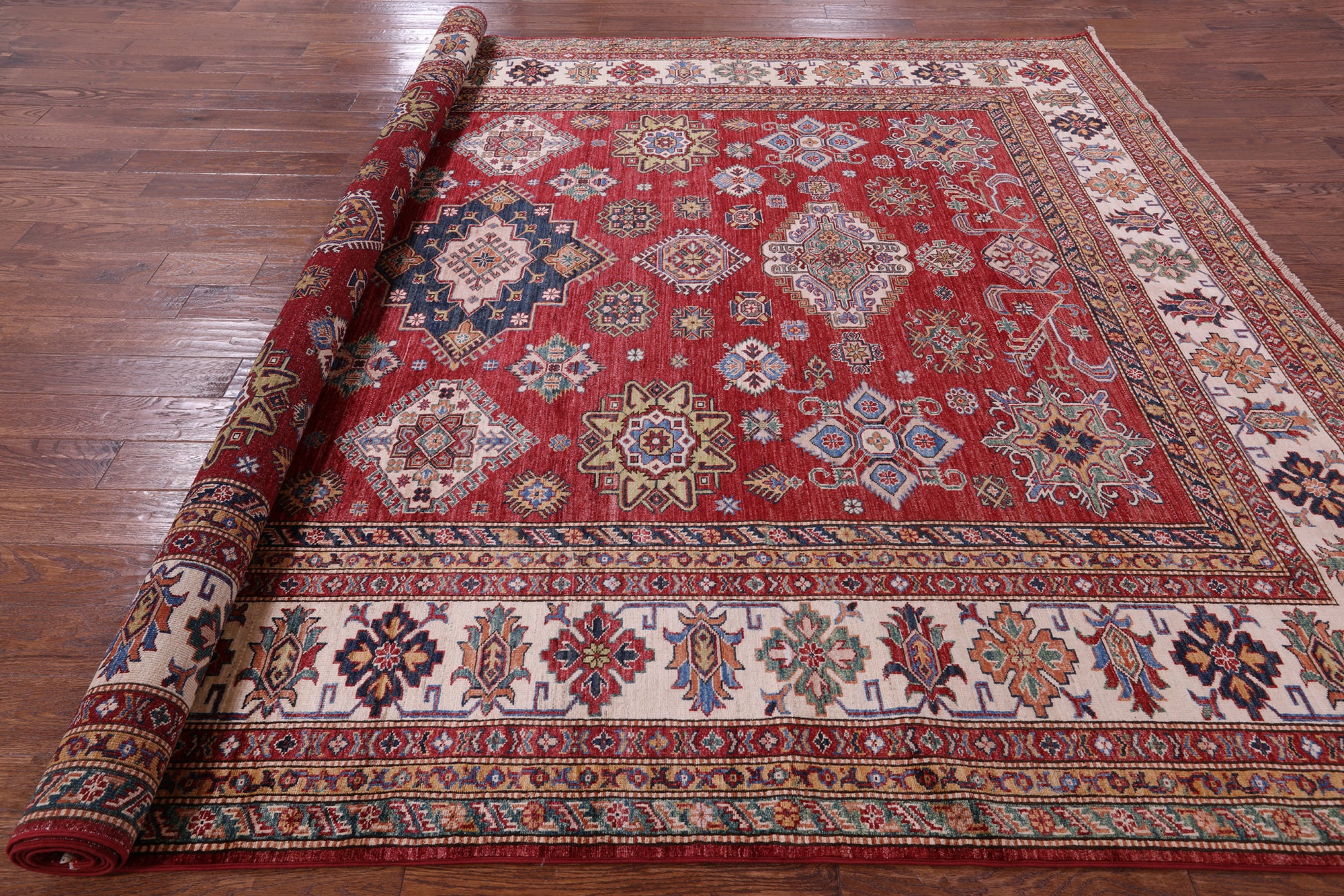 Red Super Kazak Hand Knotted Wool Rug - 9' 0" X 11' 11" - Golden Nile