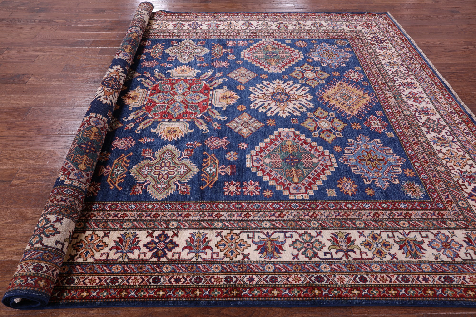 Blue Super Kazak Hand Knotted Wool Rug - 8' 8" X 12' 1" - Golden Nile