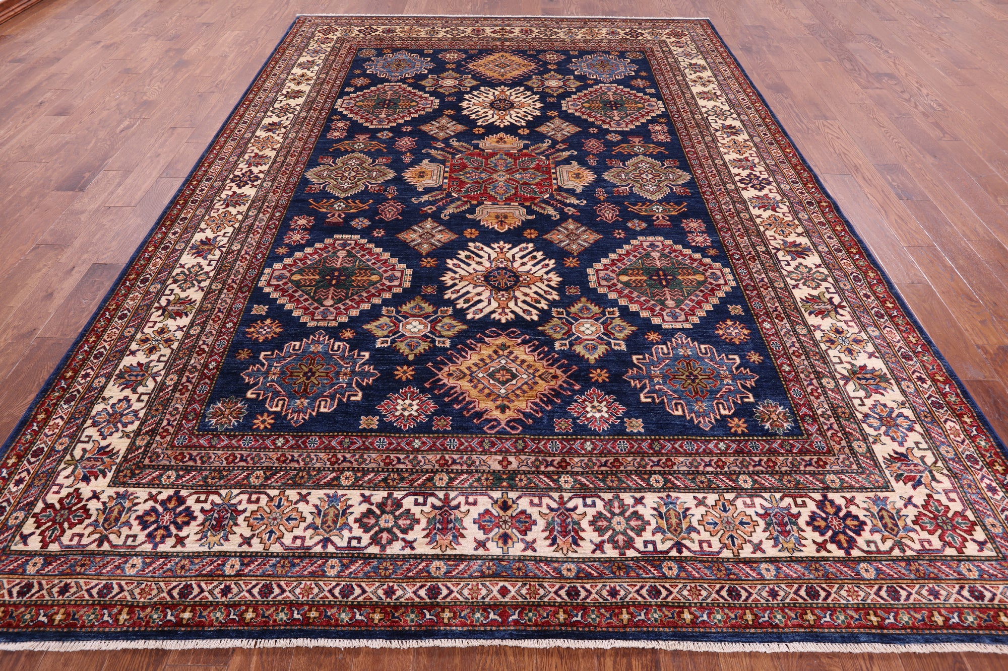 Blue Super Kazak Hand Knotted Wool Rug - 8' 8" X 12' 1" - Golden Nile