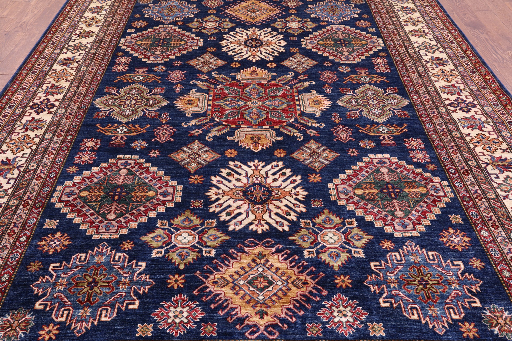 Blue Super Kazak Hand Knotted Wool Rug - 8' 8" X 12' 1" - Golden Nile