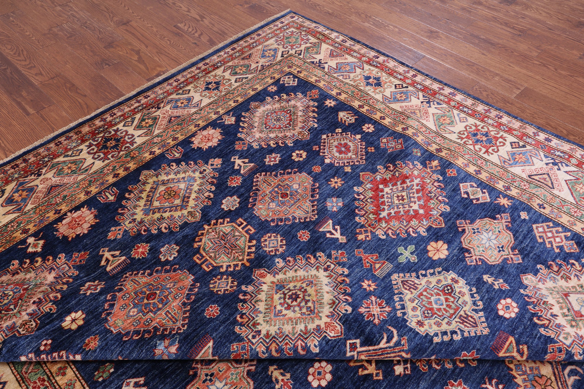 Blue Super Kazak Hand Knotted Wool Rug - 8' 11" X 12' 4" - Golden Nile