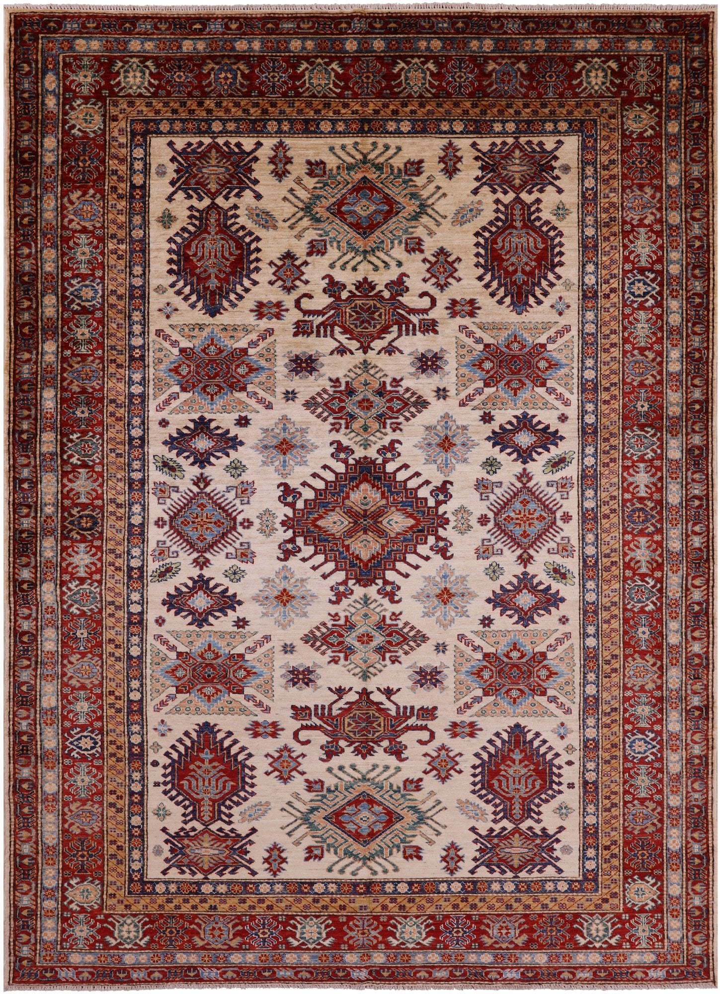 Ivory Super Kazak Hand Knotted Wool Rug - 6' 5" X 8' 11" - Golden Nile