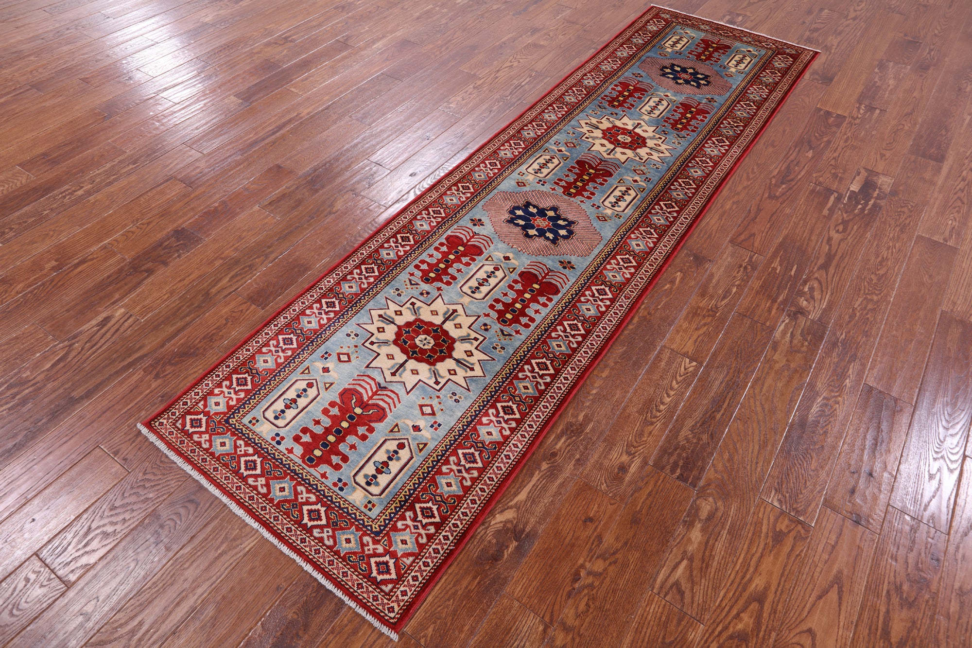 Blue Super Kazak Hand Knotted Wool Runner Rug - 2' 9" X 10' 1" - Golden Nile