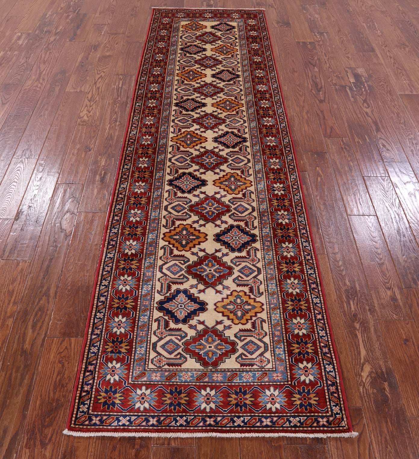 Ivory Super Kazak Hand Knotted Wool Runner Rug - 2' 9" X 9' 6" - Golden Nile