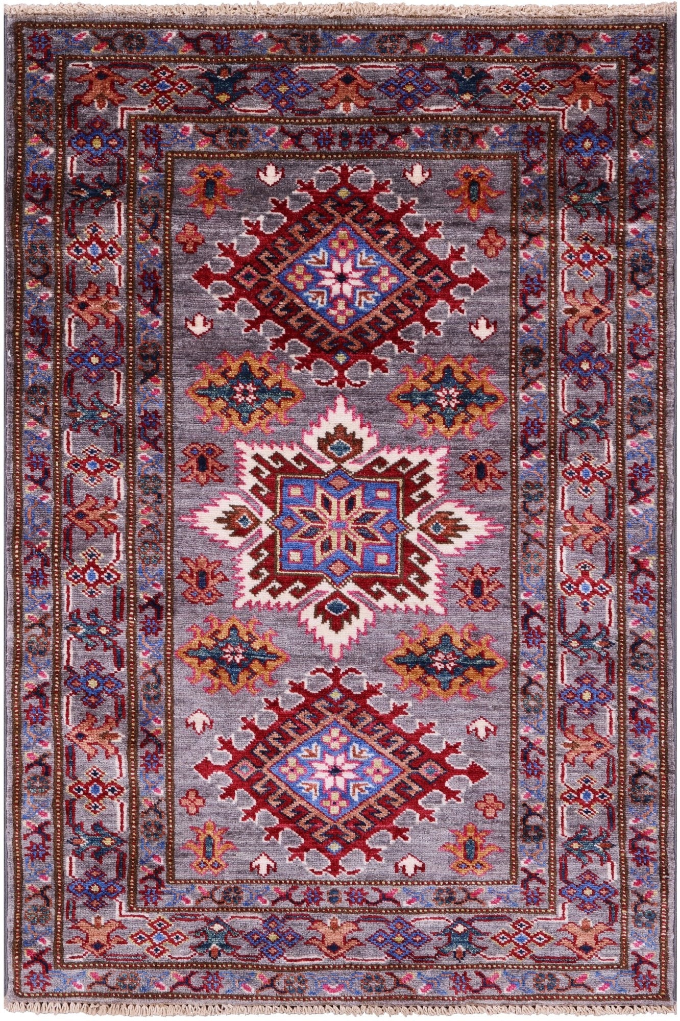 Grey Super Kazak Hand Knotted Wool Rug - 2' 8" X 4' 1" - Golden Nile