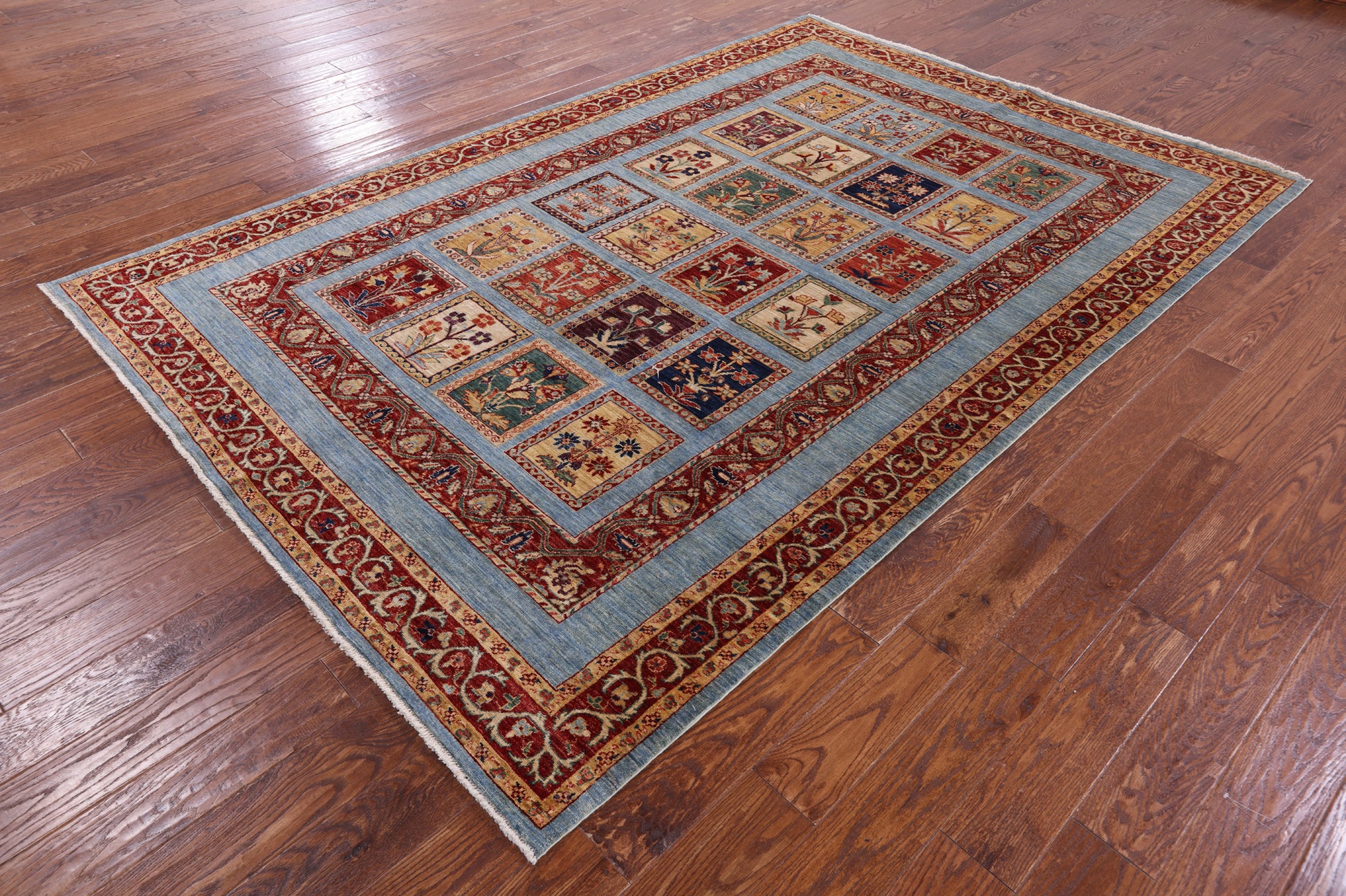 Blue Garden Design Persian Hand Knotted Wool Rug - 6' 6" X 9' 8" - Golden Nile