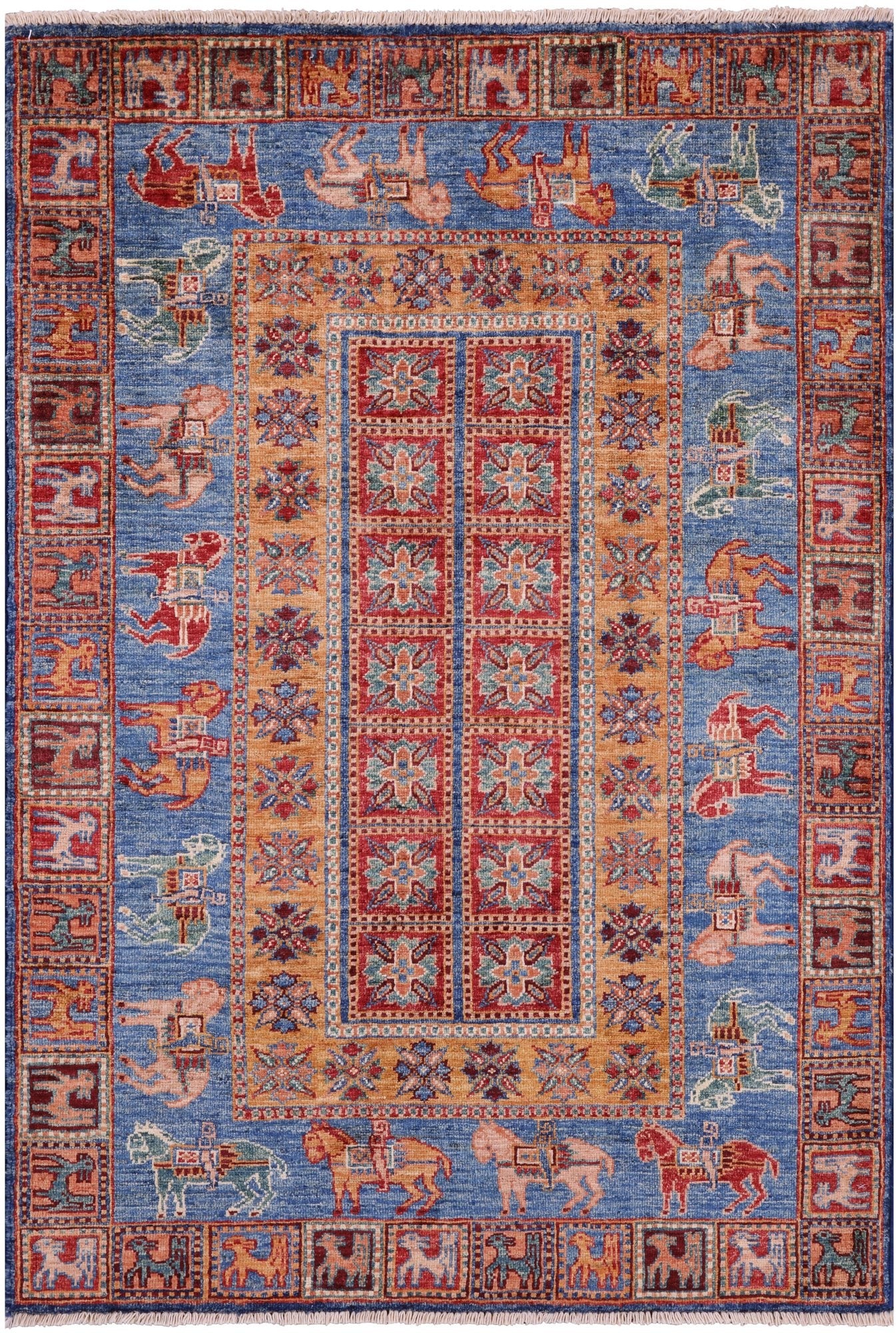 Antiqued Pazyryk Historical Design Hand Knotted Wool Rug - 3' 5" X 4' 11" - Golden Nile