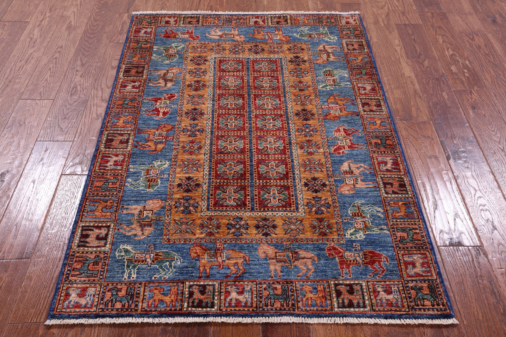 Antiqued Pazyryk Historical Design Hand Knotted Wool Rug - 3' 5" X 4' 11" - Golden Nile