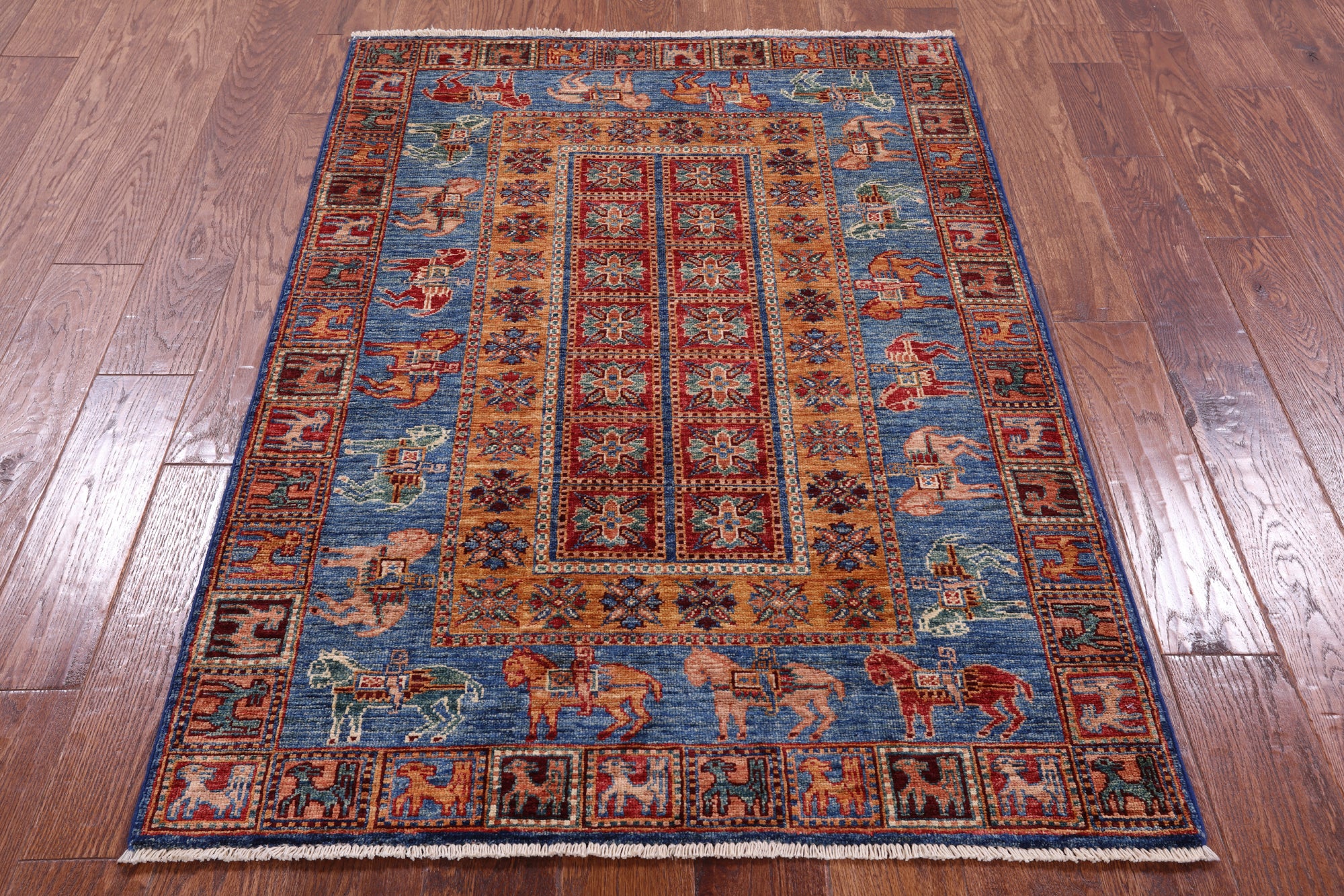 Antiqued Pazyryk Historical Design Hand Knotted Wool Rug - 3' 5" X 4' 11" - Golden Nile