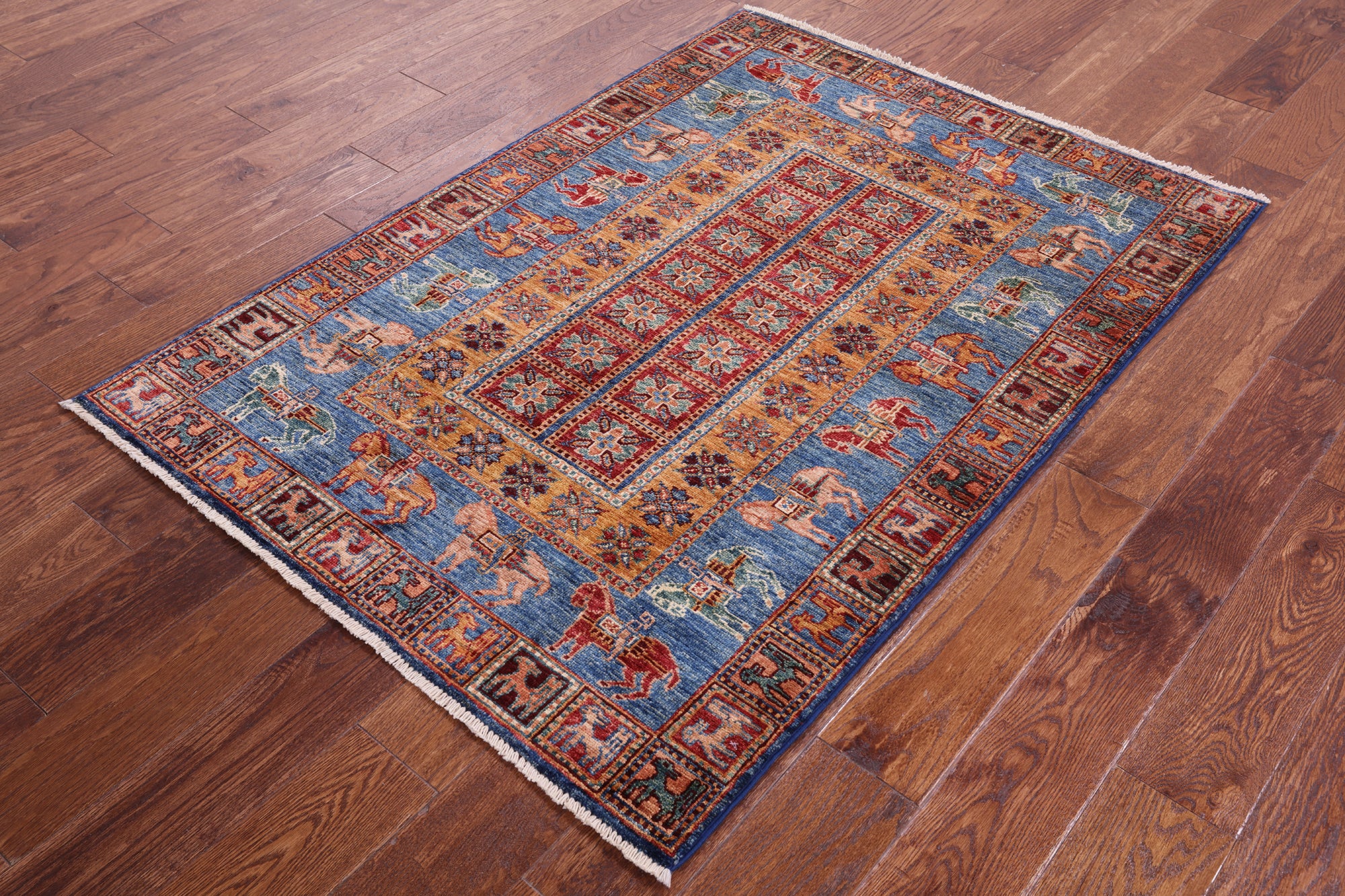Antiqued Pazyryk Historical Design Hand Knotted Wool Rug - 3' 5" X 4' 11" - Golden Nile