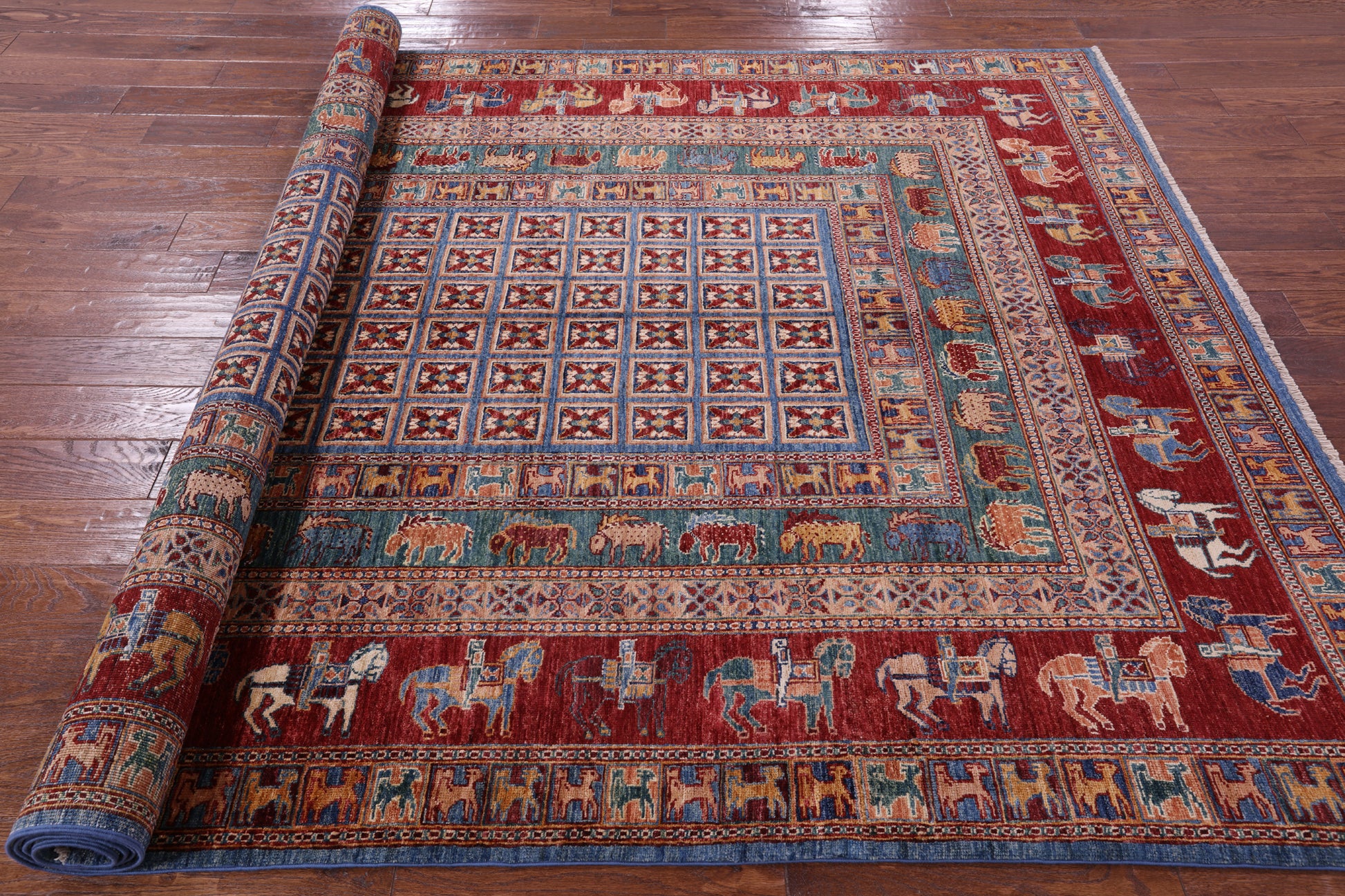 Antiqued Pazyryk Historical Design Hand Knotted Wool Rug - 6' 8" X 9' 11" - Golden Nile