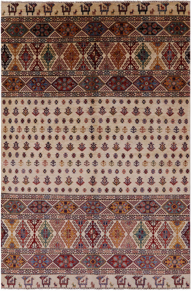 Ivory Tribal Persian Gabbeh Hand Knotted Wool Rug - 6' 5" X 10' 0" - Golden Nile
