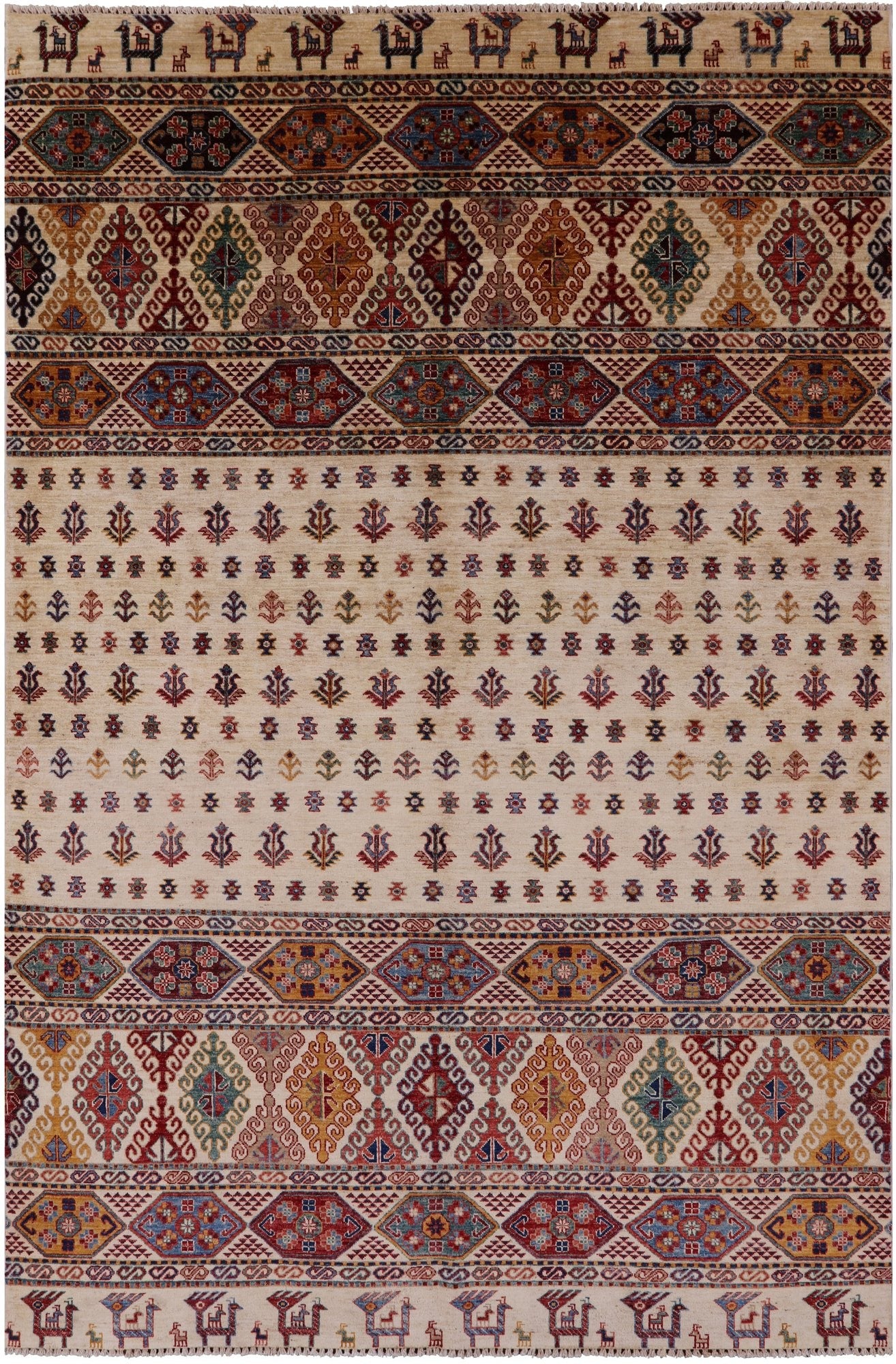 Ivory Tribal Persian Gabbeh Hand Knotted Wool Rug - 6' 5" X 10' 0" - Golden Nile
