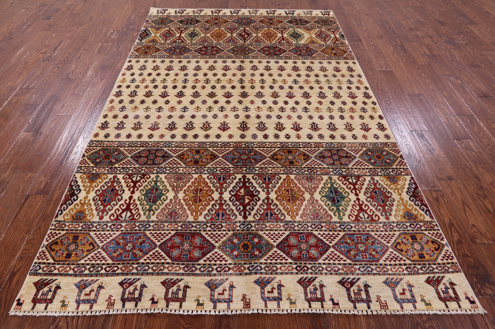 Ivory Tribal Persian Gabbeh Hand Knotted Wool Rug - 6' 5" X 10' 0" - Golden Nile