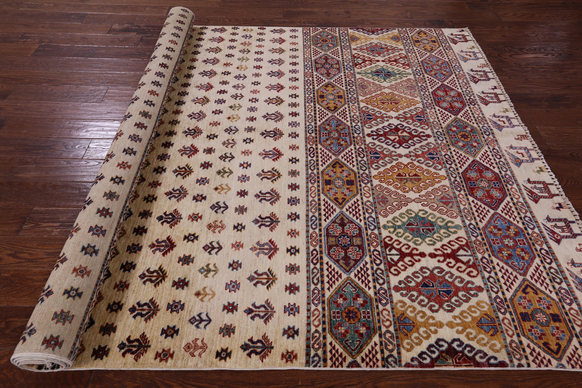 Ivory Tribal Persian Gabbeh Hand Knotted Wool Rug - 6' 5" X 10' 0" - Golden Nile