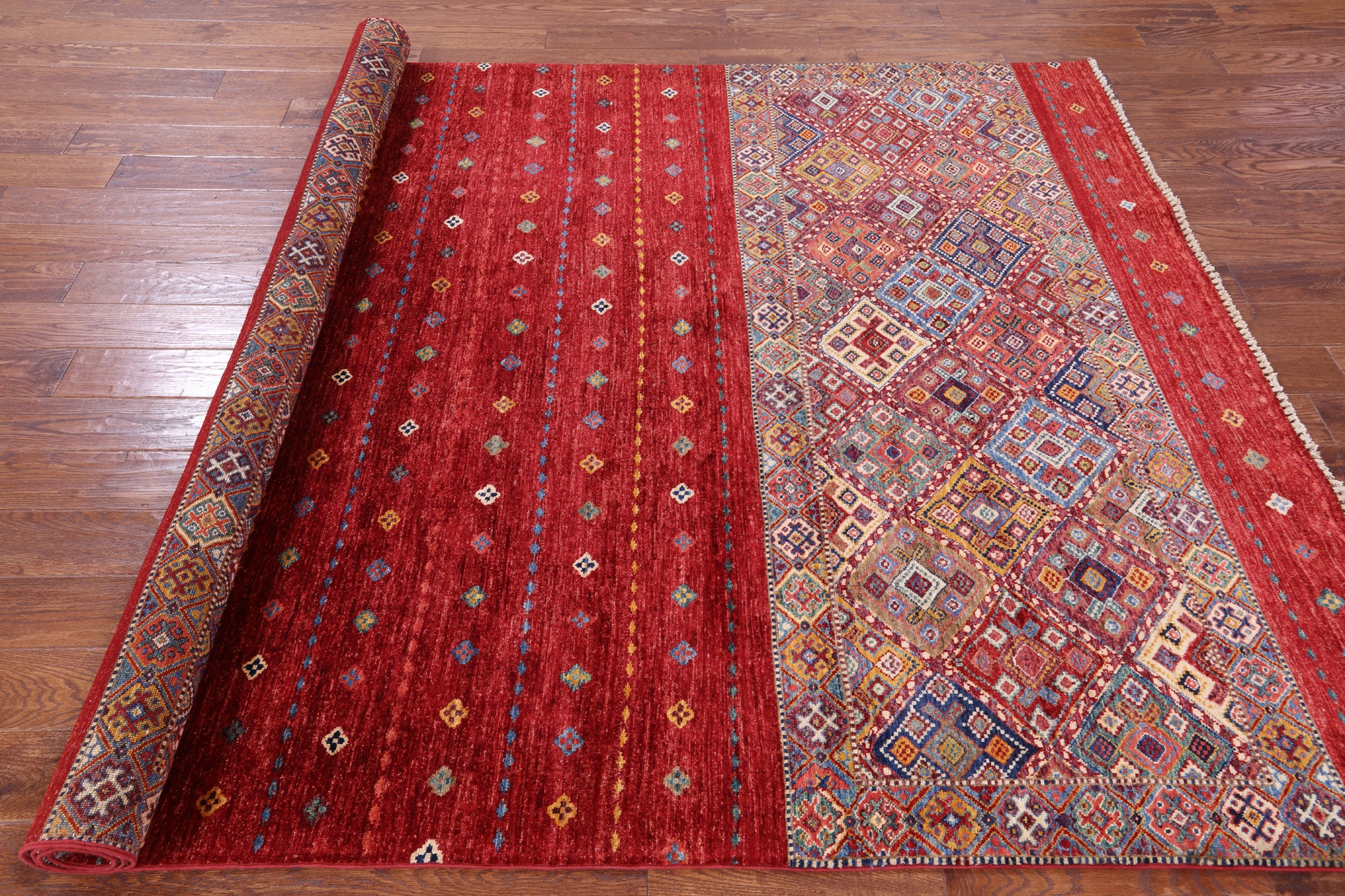 Red Khorjin Persian Gabbeh Handmade Wool Rug - 6' 8" X 9' 10" - Golden Nile