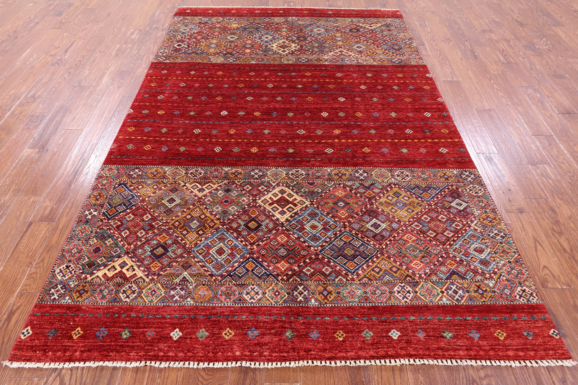 Red Khorjin Persian Gabbeh Handmade Wool Rug - 6' 8" X 9' 10" - Golden Nile