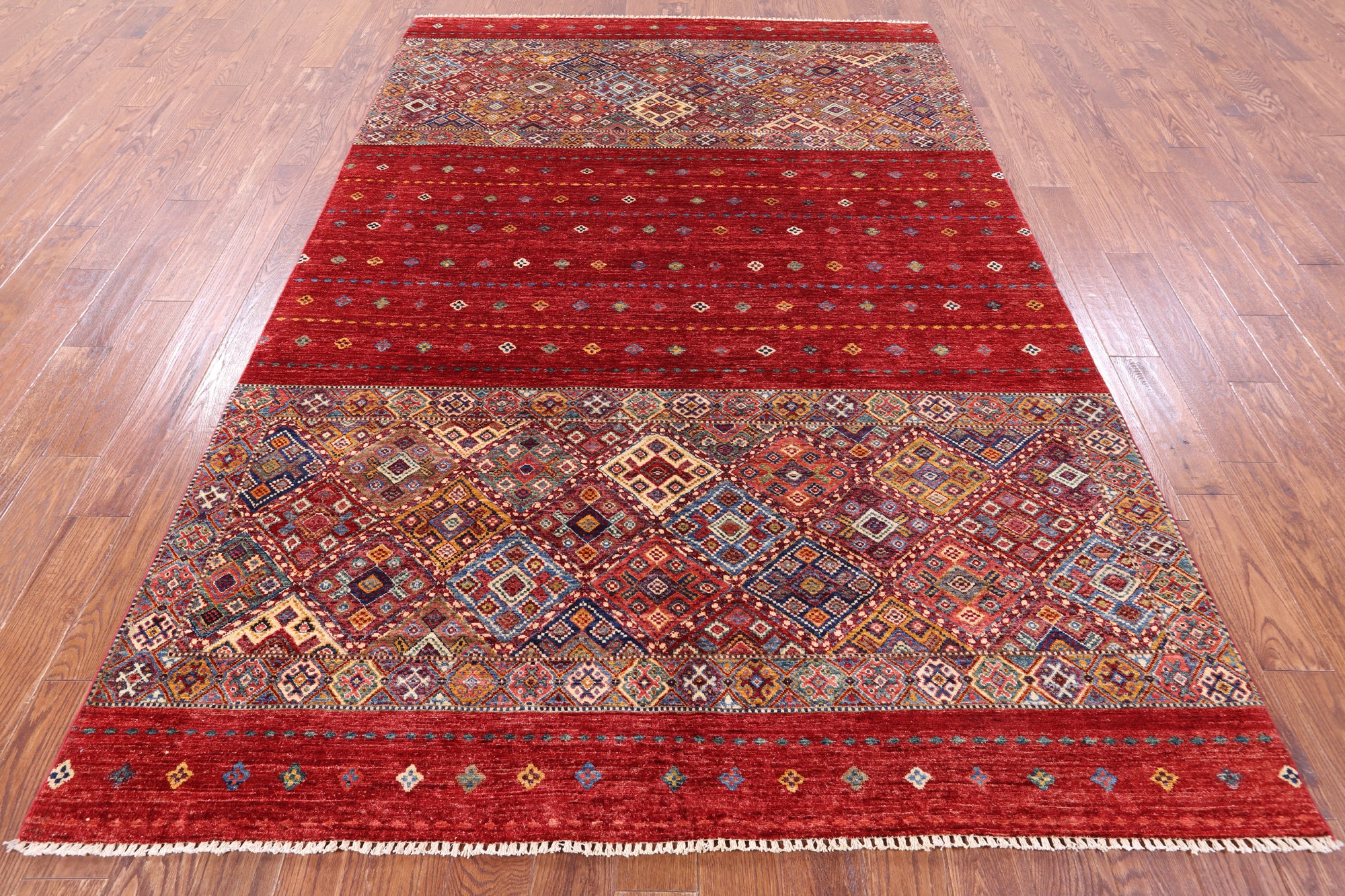 Red Khorjin Persian Gabbeh Handmade Wool Rug - 6' 8" X 9' 10" - Golden Nile