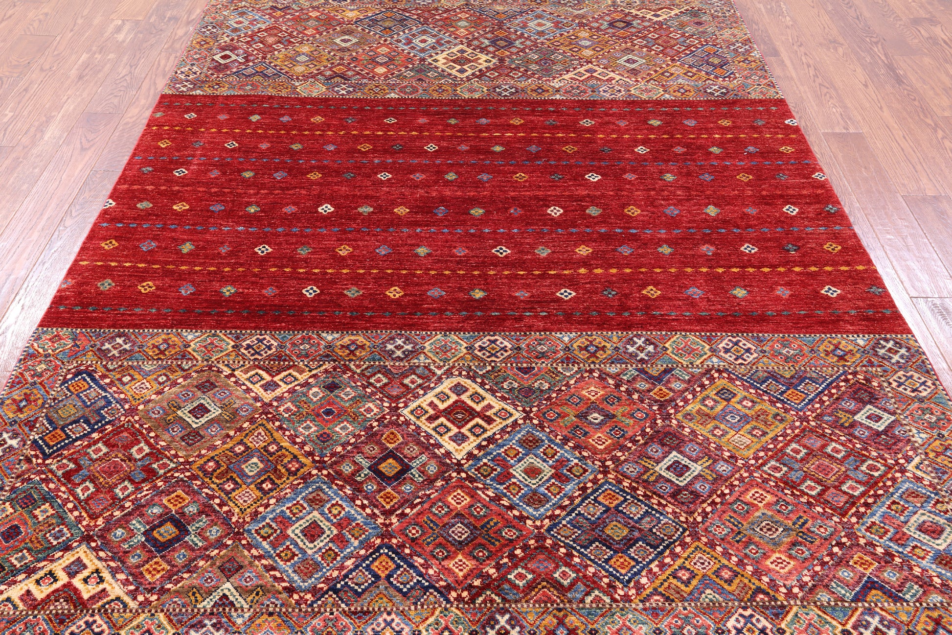 Red Khorjin Persian Gabbeh Handmade Wool Rug - 6' 8" X 9' 10" - Golden Nile