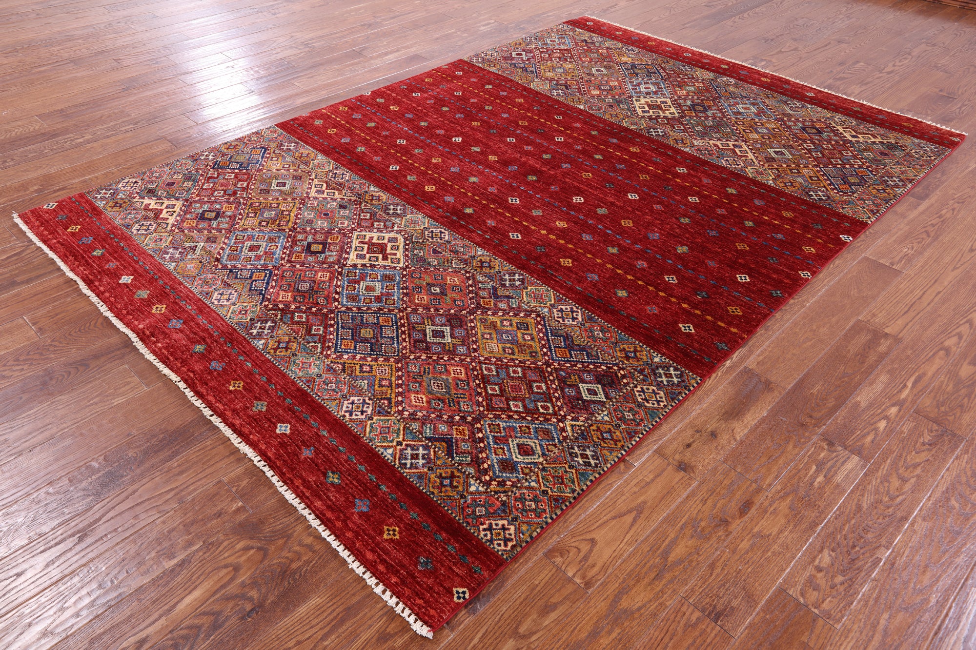 Red Khorjin Persian Gabbeh Handmade Wool Rug - 6' 8" X 9' 10" - Golden Nile