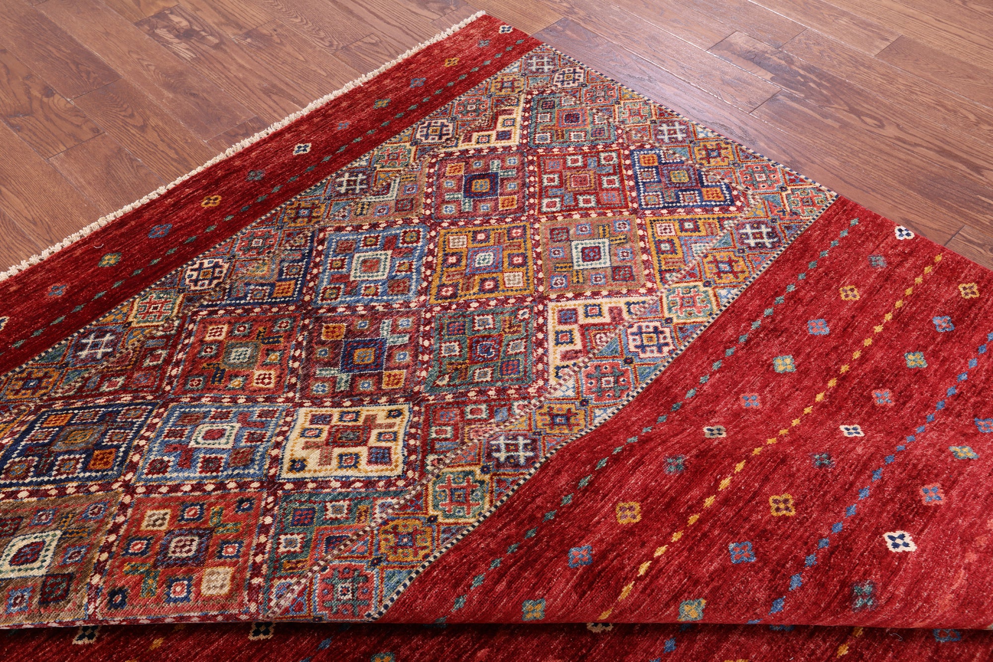 Red Khorjin Persian Gabbeh Handmade Wool Rug - 6' 8" X 9' 10" - Golden Nile