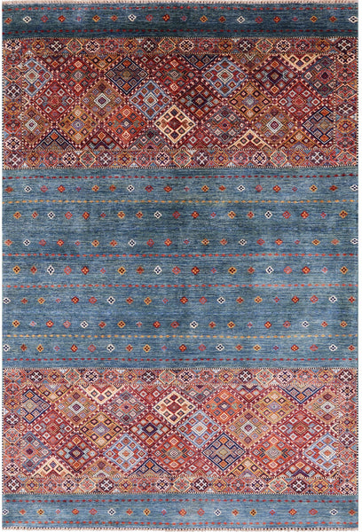 Green Khorjin Persian Gabbeh Hand Knotted Wool Rug - 6' 7" X 9' 9" - Golden Nile