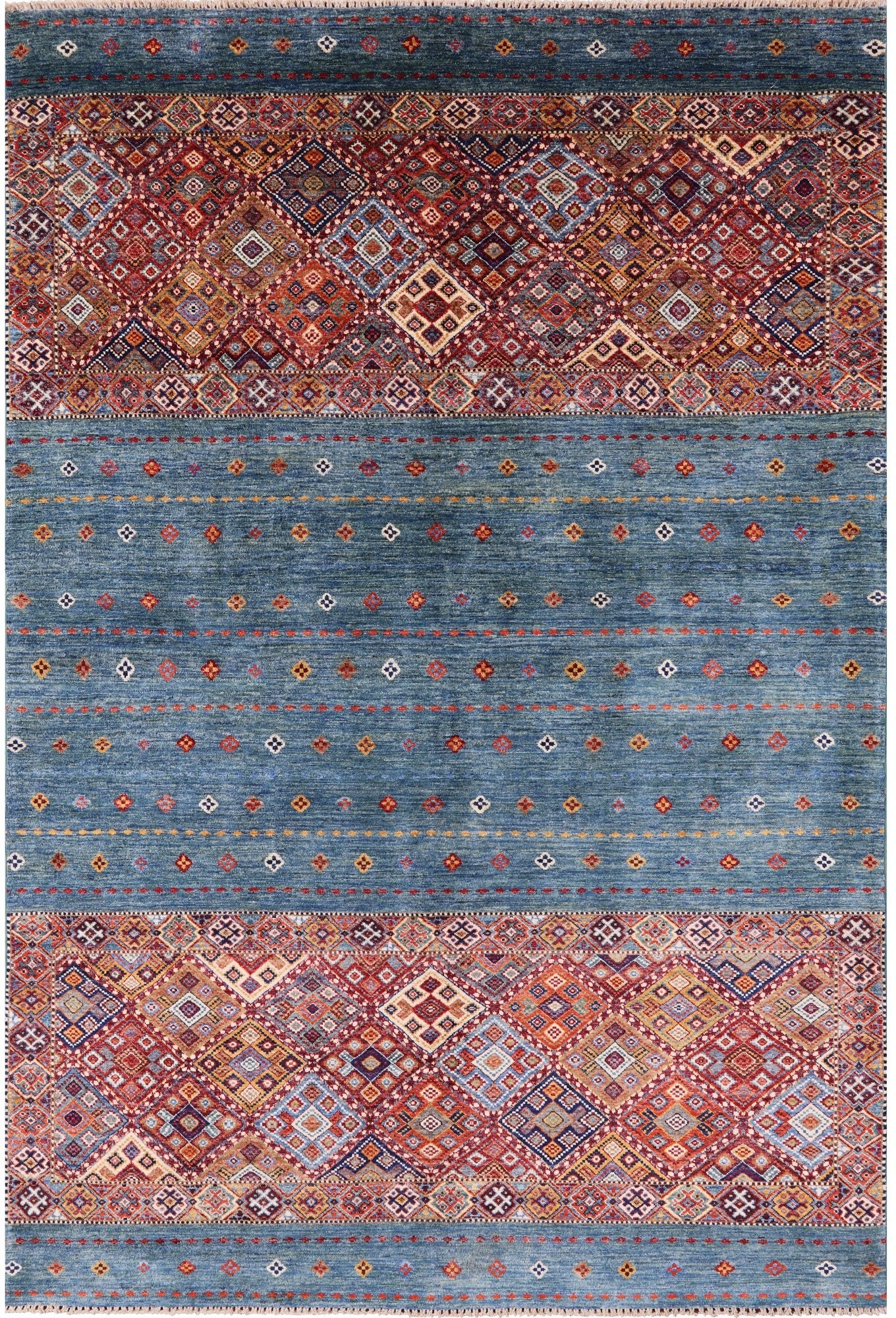 Green Khorjin Persian Gabbeh Hand Knotted Wool Rug - 6' 7" X 9' 9" - Golden Nile