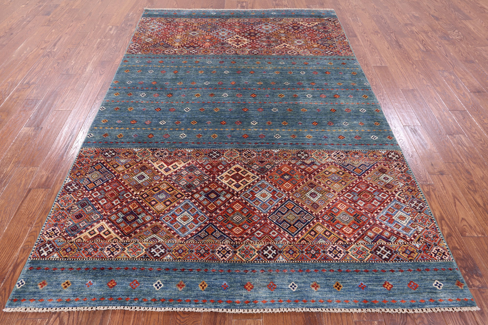 Green Khorjin Persian Gabbeh Hand Knotted Wool Rug - 6' 7" X 9' 9" - Golden Nile