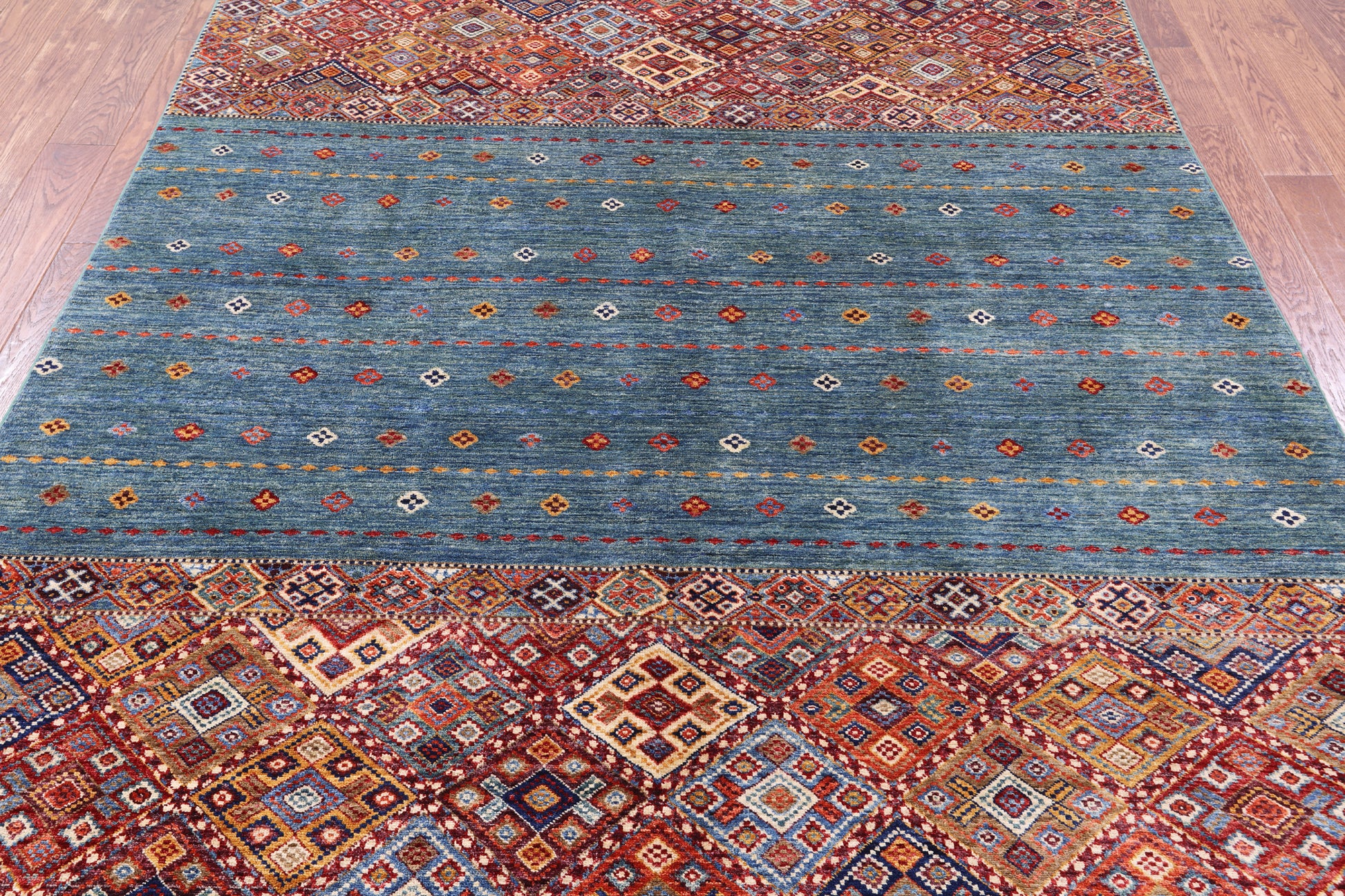 Green Khorjin Persian Gabbeh Hand Knotted Wool Rug - 6' 7" X 9' 9" - Golden Nile