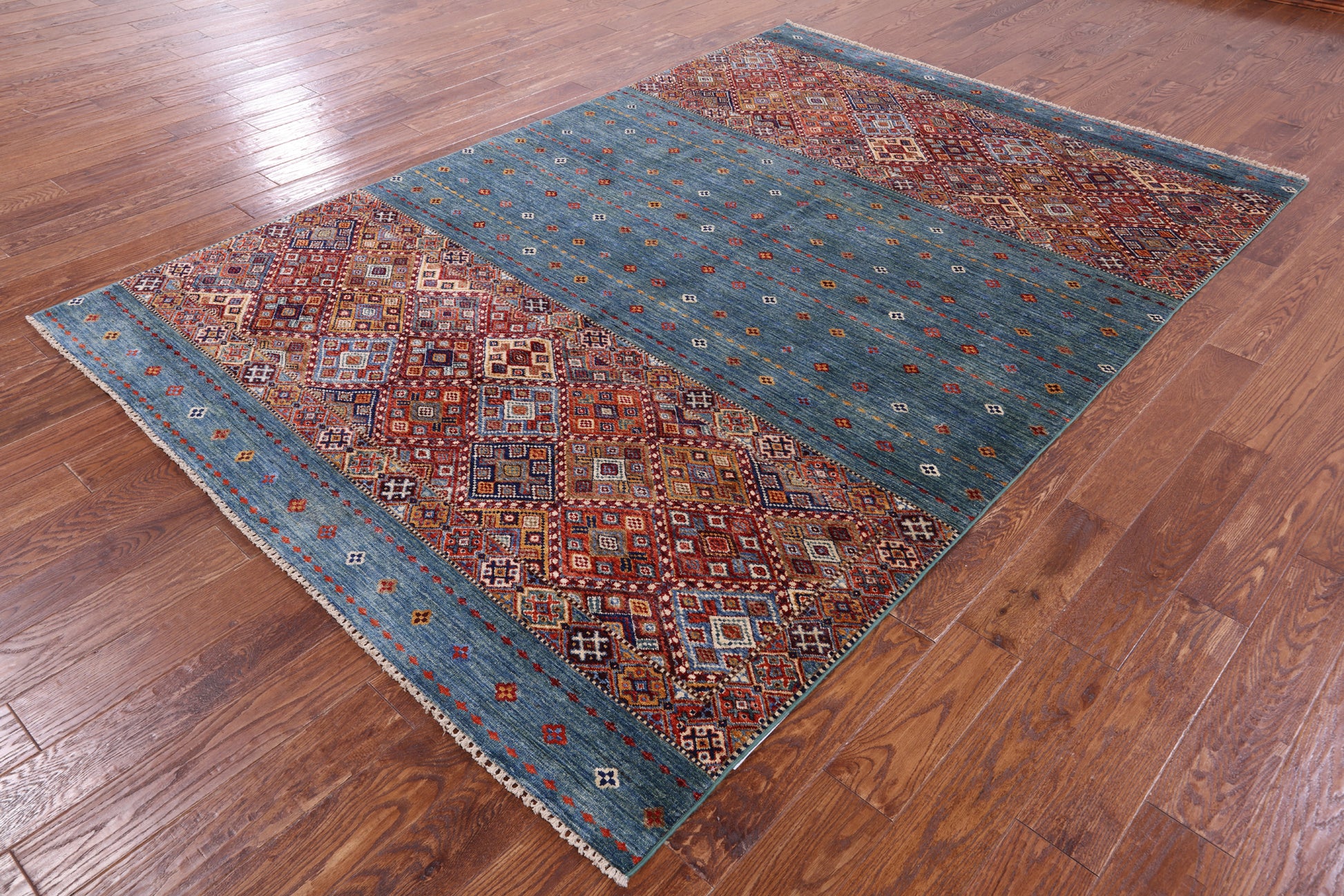 Green Khorjin Persian Gabbeh Hand Knotted Wool Rug - 6' 7" X 9' 9" - Golden Nile