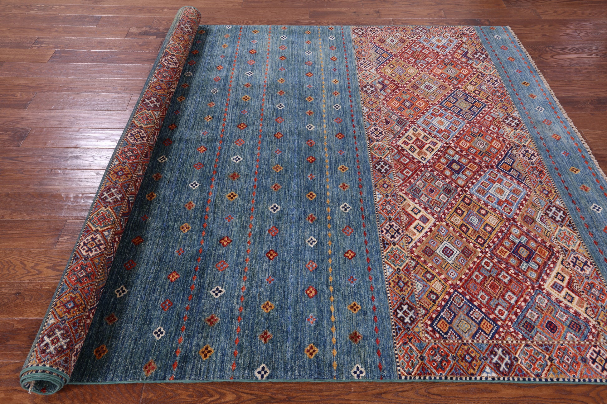 Green Khorjin Persian Gabbeh Hand Knotted Wool Rug - 6' 7" X 9' 9" - Golden Nile