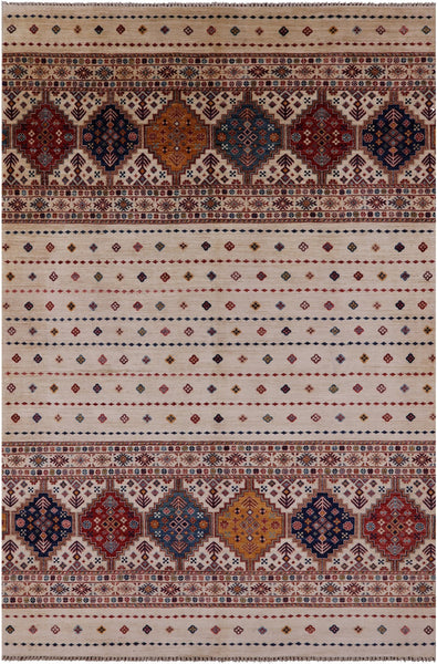 Ivory Khorjin Persian Gabbeh Handmade Wool Rug - 6' 9" X 10' 1" - Golden Nile