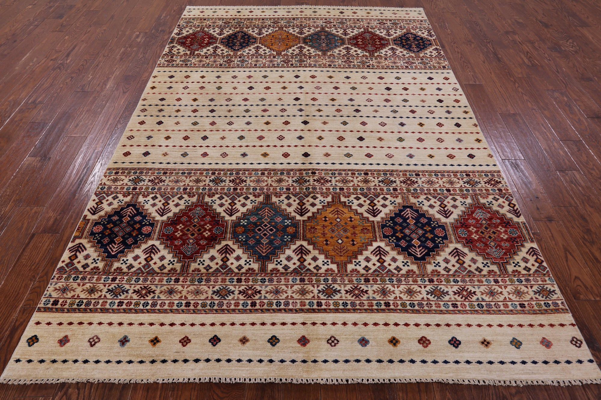 Ivory Khorjin Persian Gabbeh Handmade Wool Rug - 6' 9" X 10' 1" - Golden Nile