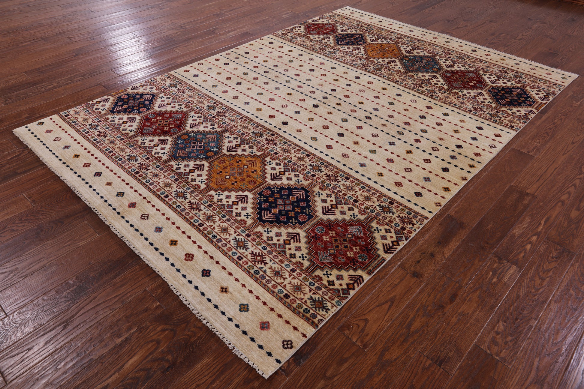 Ivory Khorjin Persian Gabbeh Handmade Wool Rug - 6' 9" X 10' 1" - Golden Nile
