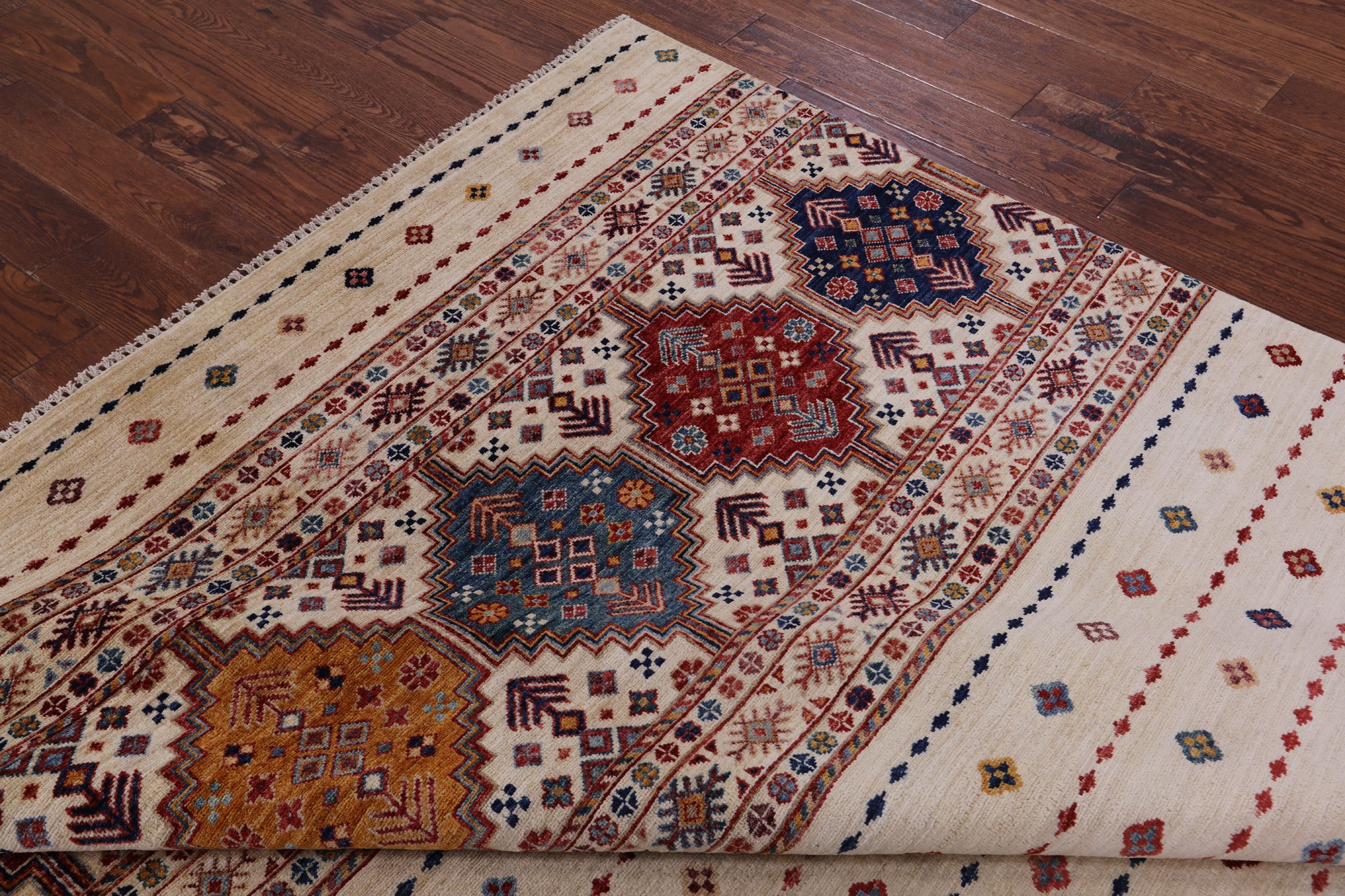 Ivory Khorjin Persian Gabbeh Handmade Wool Rug - 6' 9" X 10' 1" - Golden Nile