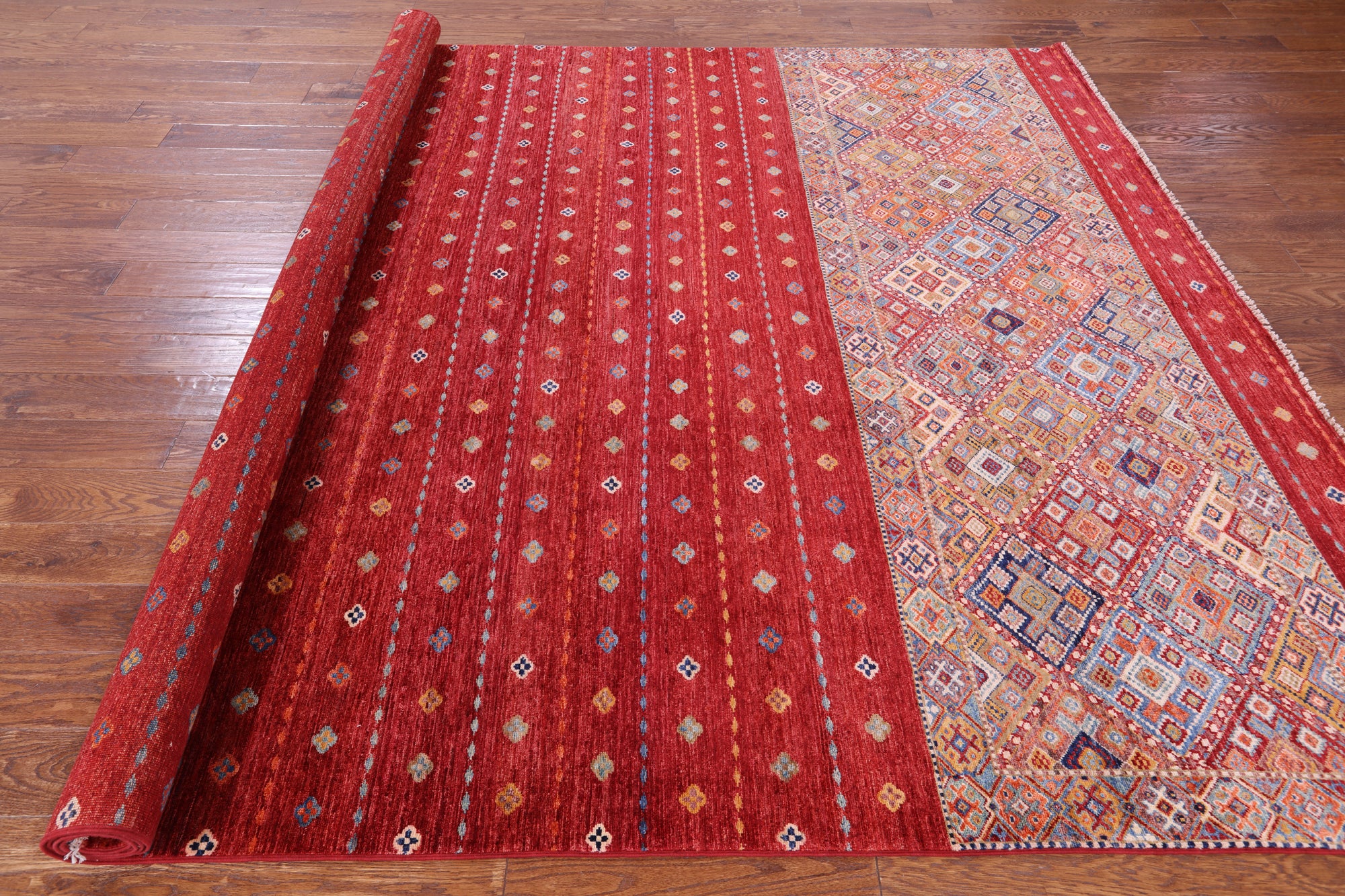 Red Khorjin Persian Gabbeh Hand Knotted Wool Rug - 8' 2" X 11' 6" - Golden Nile