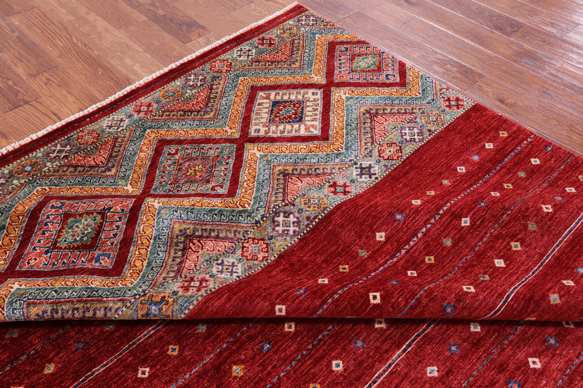 Red Khorjin Persian Gabbeh Hand Knotted Wool Rug - 8' 0" X 9' 9" - Golden Nile