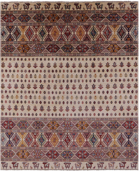 Ivory Tribal Persian Gabbeh Hand Knotted Wool Rug - 8' 3" X 9' 10" - Golden Nile