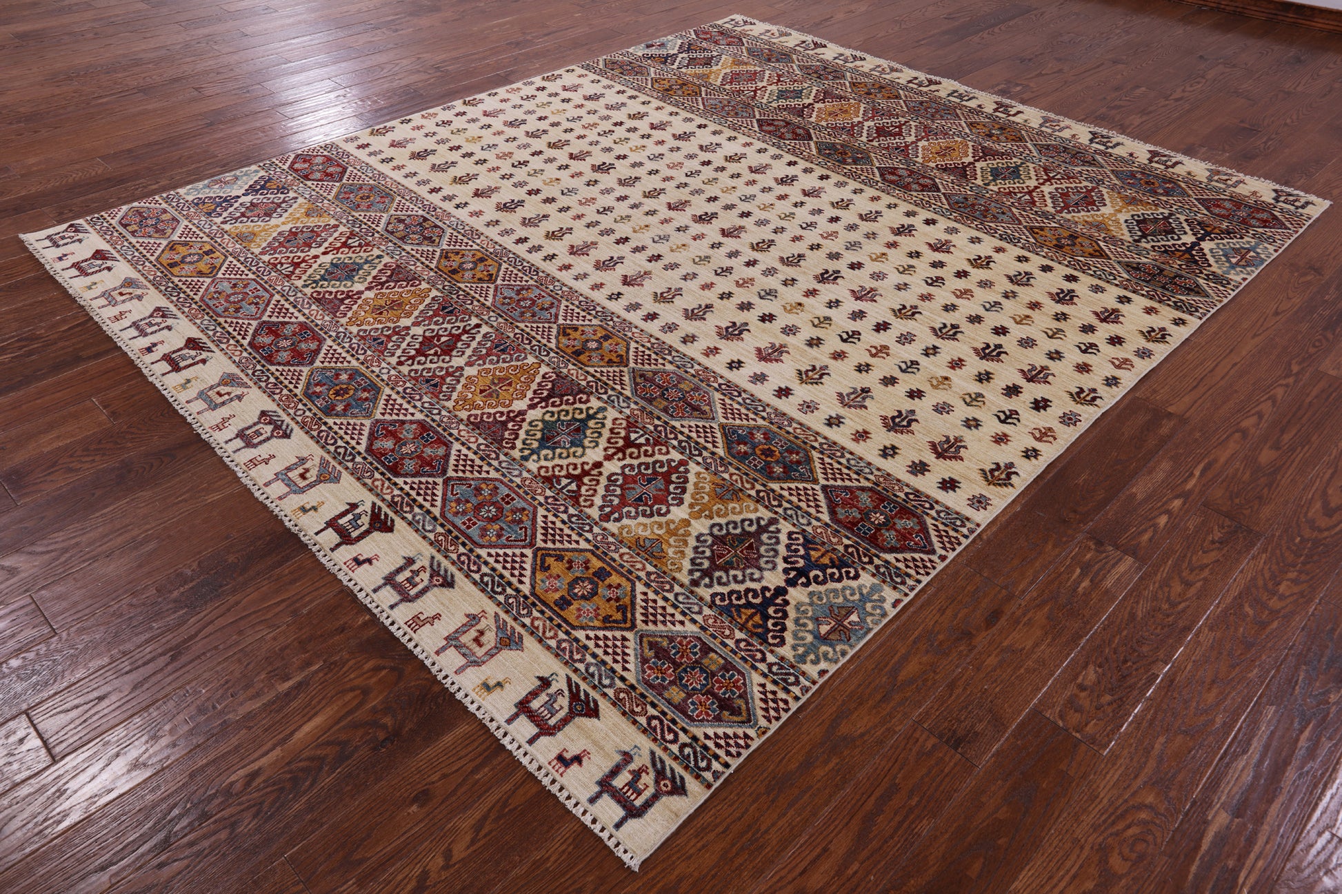 Ivory Tribal Persian Gabbeh Hand Knotted Wool Rug - 8' 3" X 9' 10" - Golden Nile